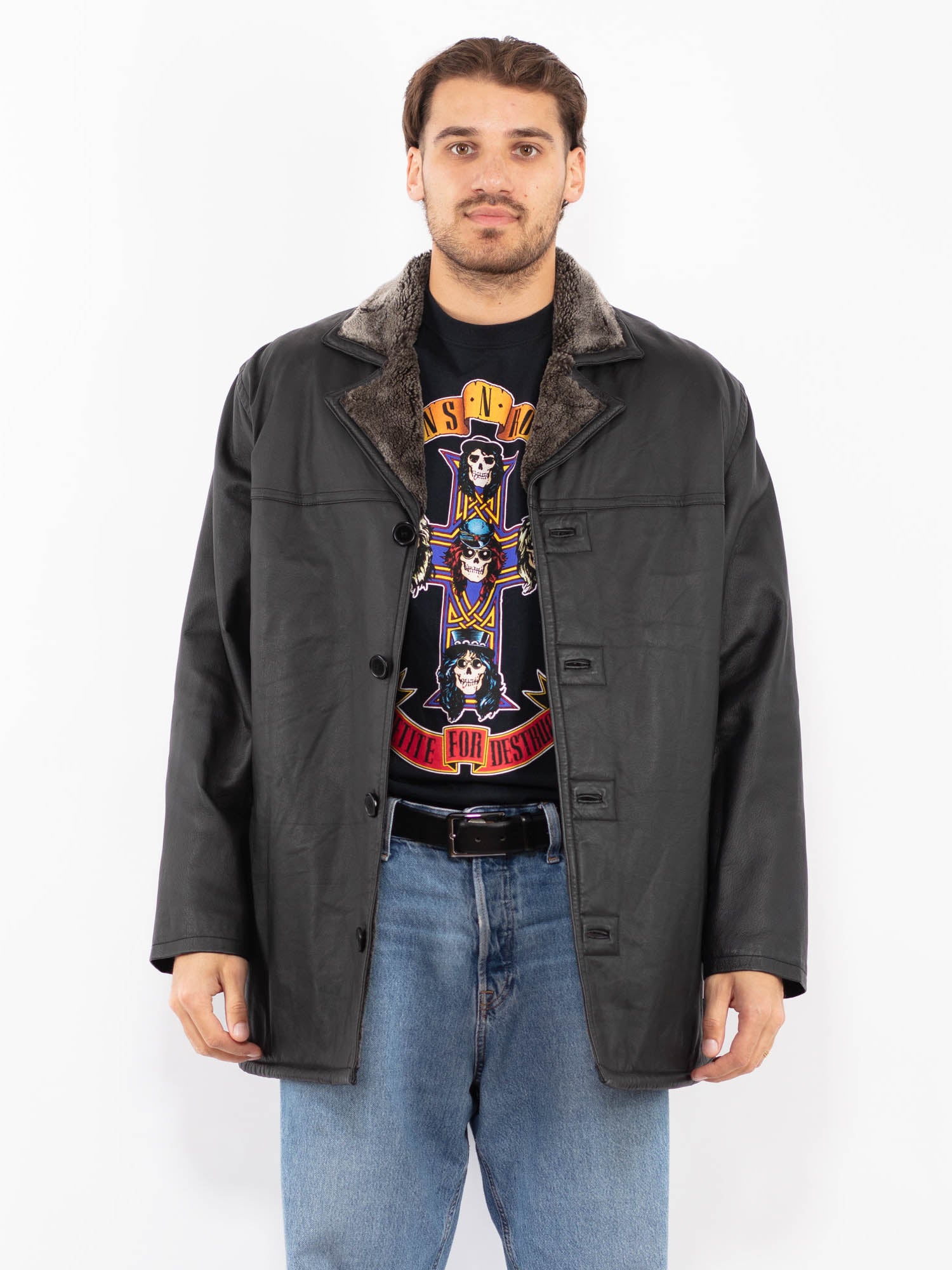 Vintage 90's Men Leather Sherpa Coat in Black by Northern Grip