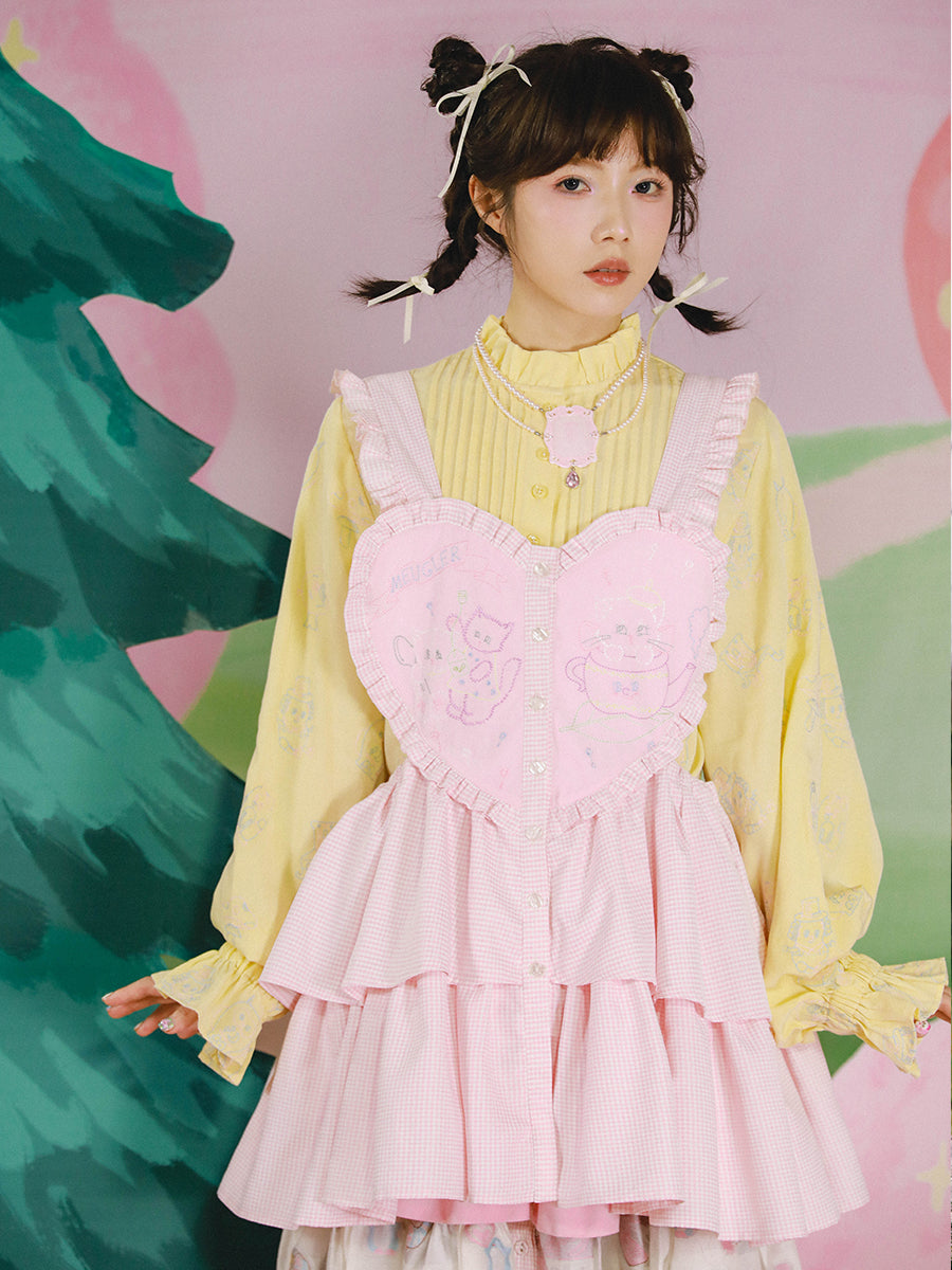 Harajuku Lolita Sweet Pink Heart Apron with Teapot Cat Embroidery – Meugler by Land Decora