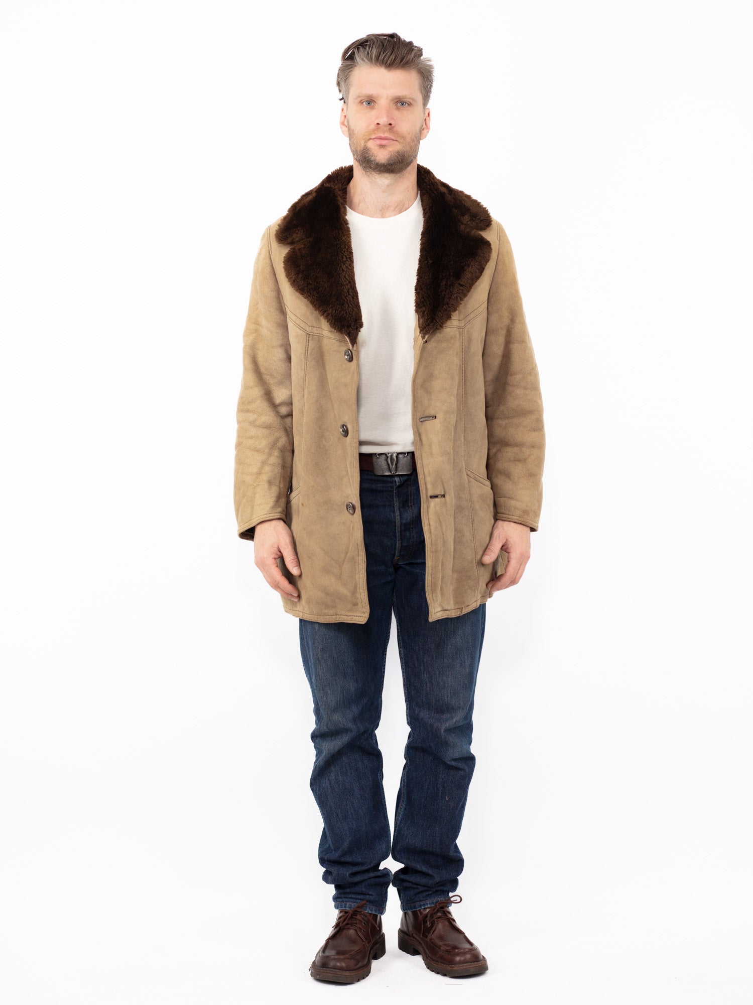 Vintage 70's Men Sheepskin Coat in Sand Beige by Northern Grip