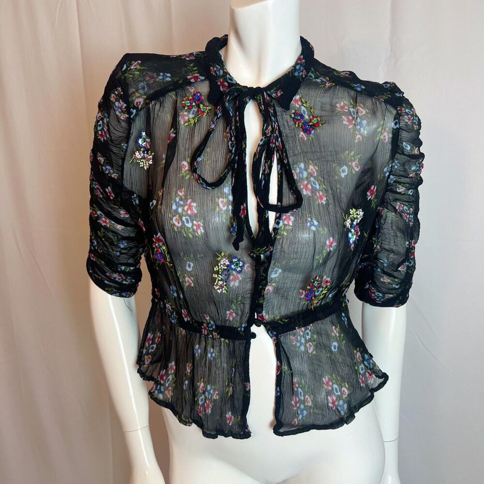 Free People Buttercup Black Floral Beaded Embroidered Keyhole Blouse S by Hot Girl Secondhand