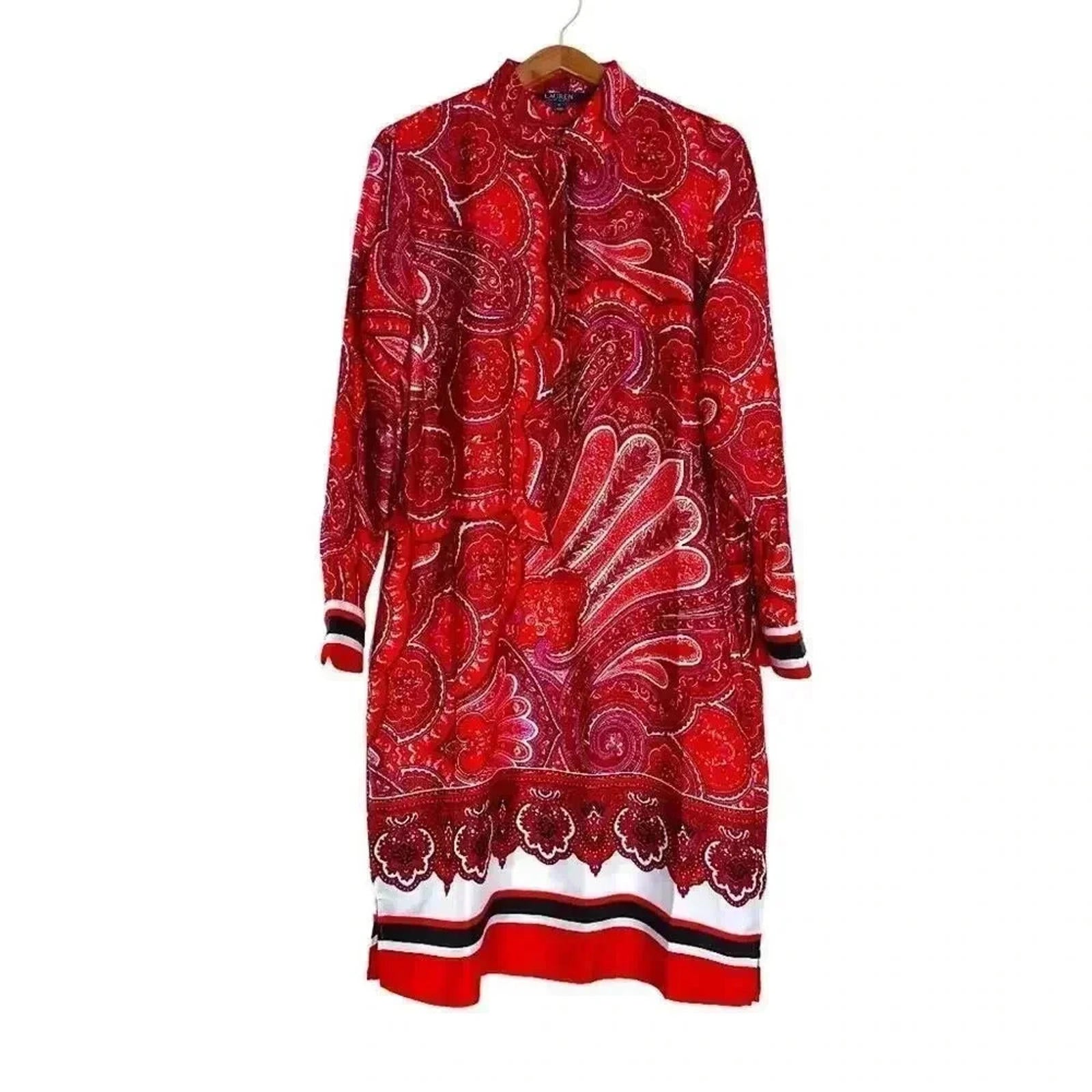 Ralph Lauren Red Paisley Satin Scarf Dress Long Sleeves Women's Size 1 by Hot Girl Secondhand