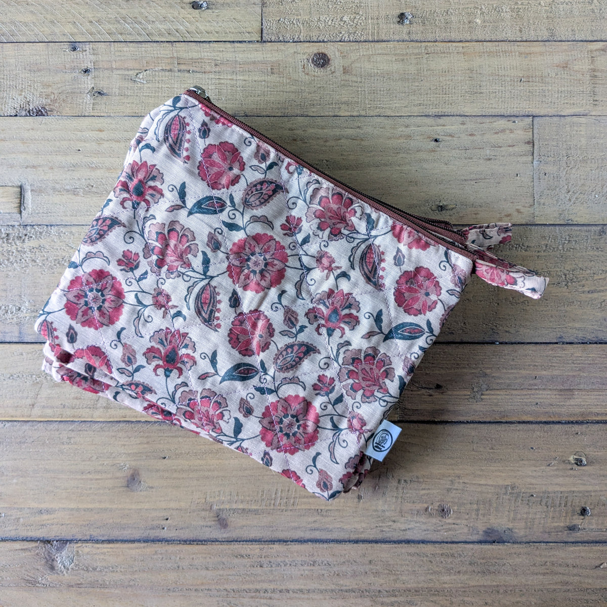 Quilted Sari Pouches: Beige Floral Pattern with Colourful Zipper by Shakti.ism