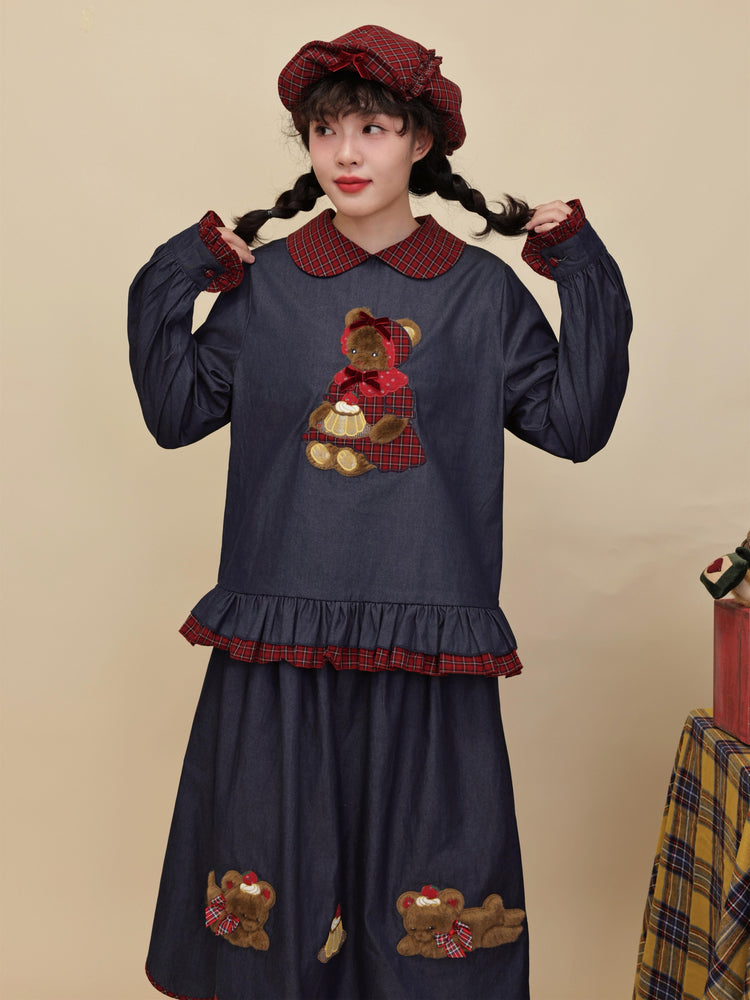 Kawaii Denim Shirt Plaid Lace Pudding Bear Embroidery - SemenCoicis by Land Decora