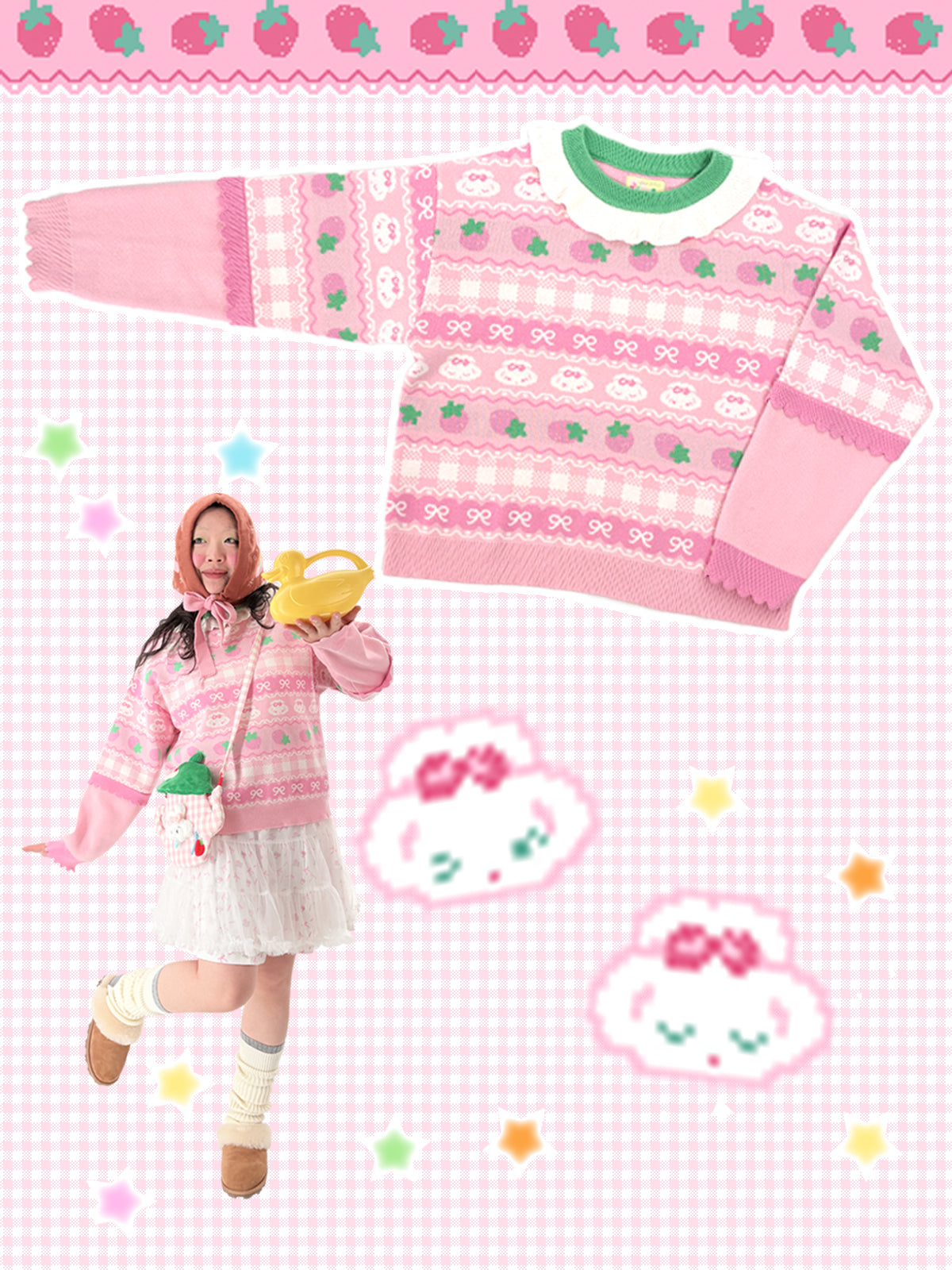 shishihshop Strawberry Puppy Sweater | Decora Bow Sweater | Kawaii Loo by Land Decora