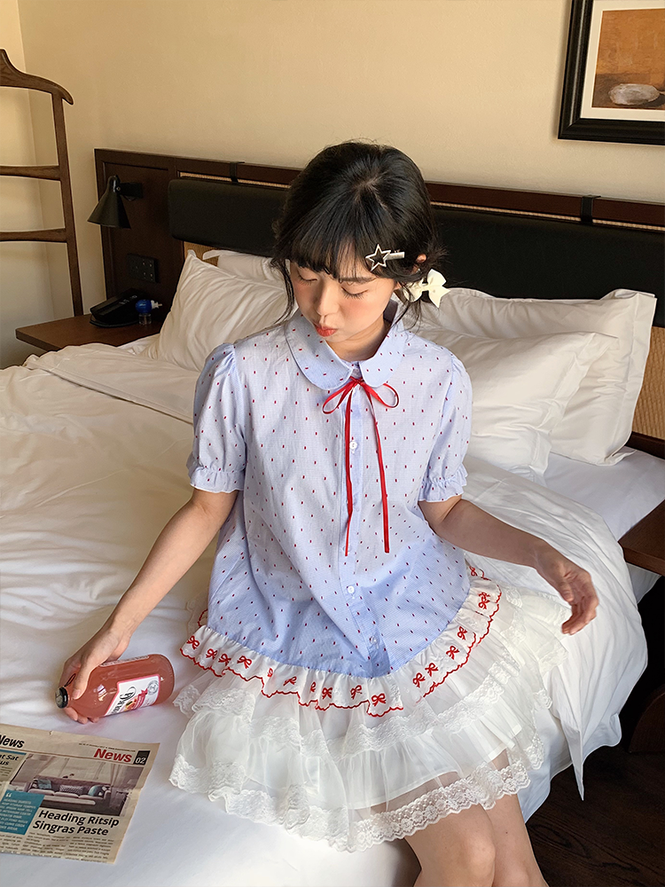 Kawaii Lace Collar Blouse Blue Striped Ribbon Cotton - Mameya by Land Decora