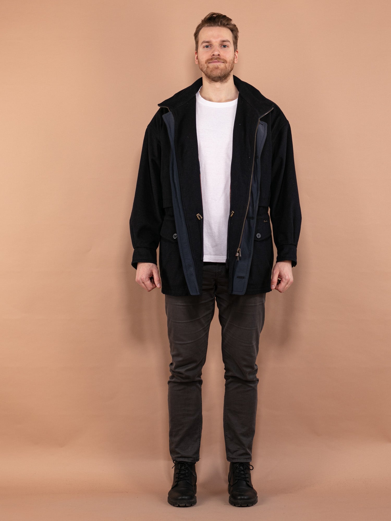 Vintage 80's Men Wool Parka Coat in Navy Blue by Northern Grip