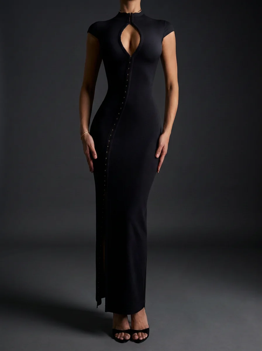 Tokyo Hook and Eye Thigh Split Maxi Dress in Black by MERIEL