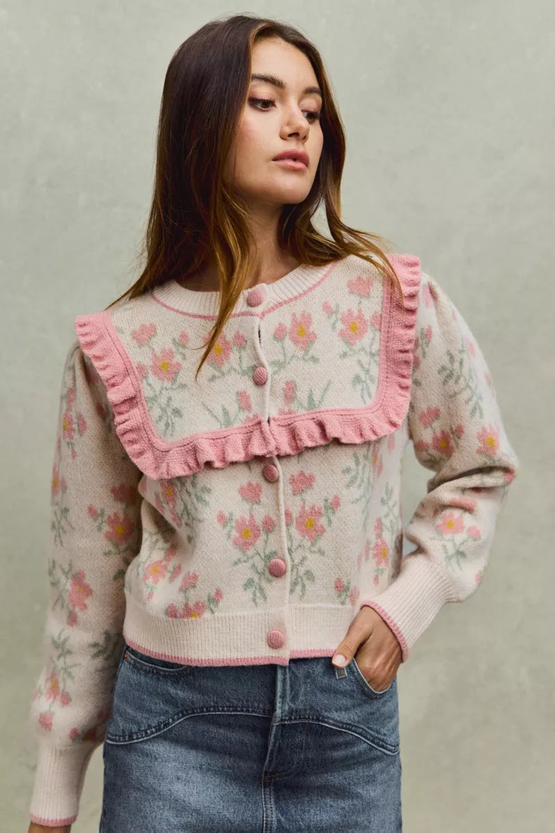 FLOWER WITH RUFFLE DETAILING SWEATER CARDIGAN by RAËLIV