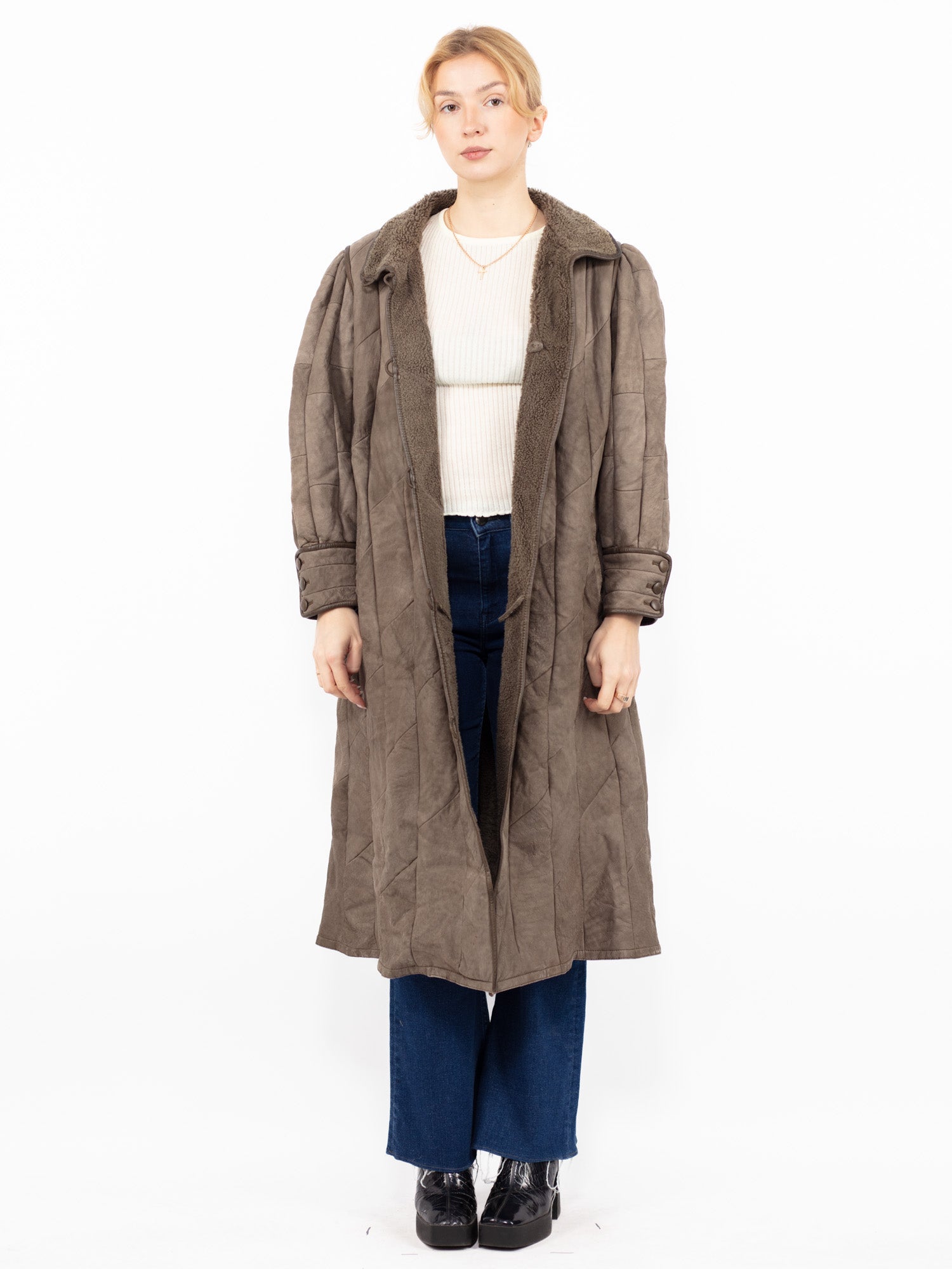 Vintage 80's Women Sheepskin Long Coat in Gray Beige by Northern Grip
