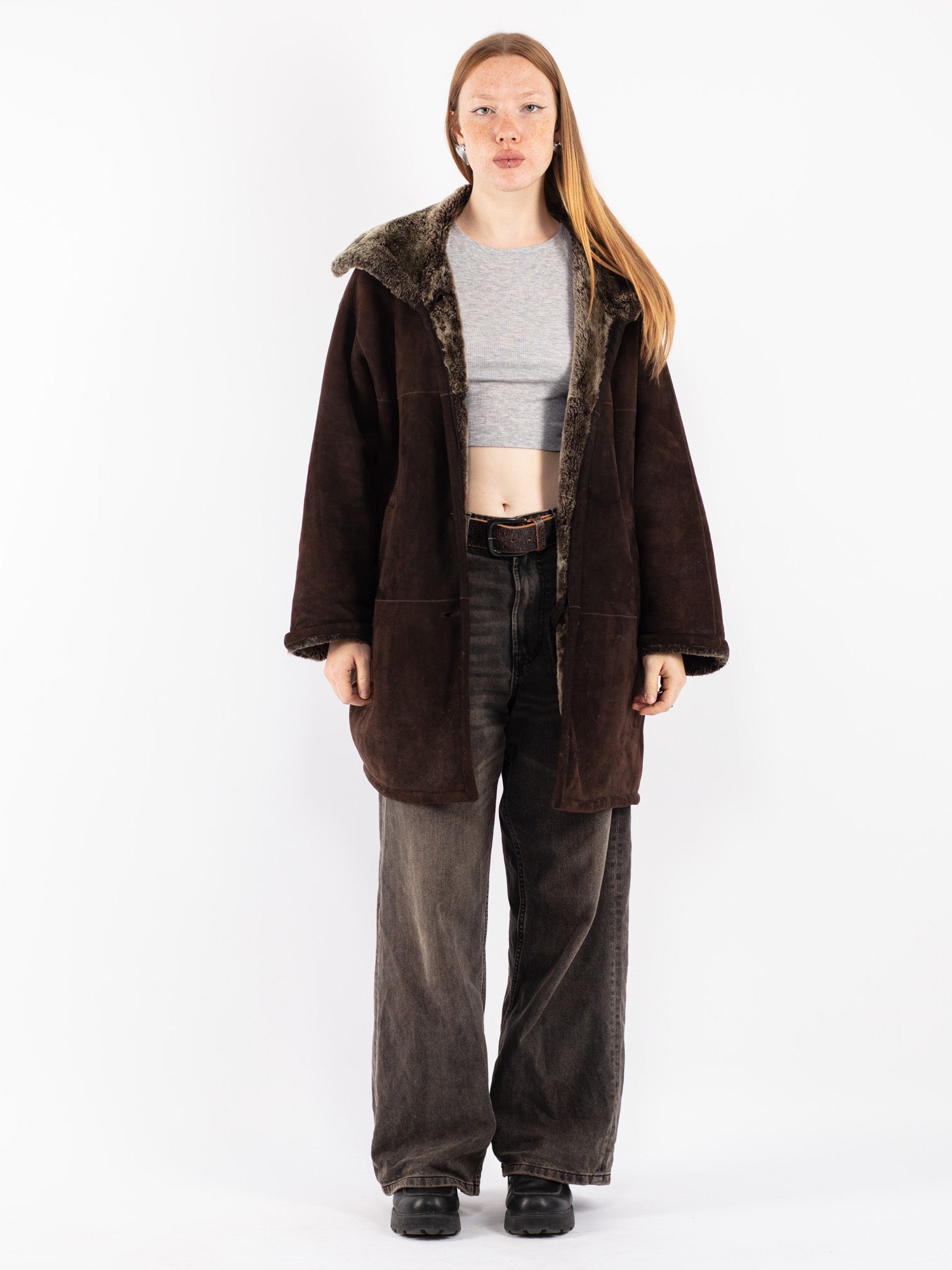 Vintage 80's Women Oversized Sheepskin Coat in Brown by Northern Grip