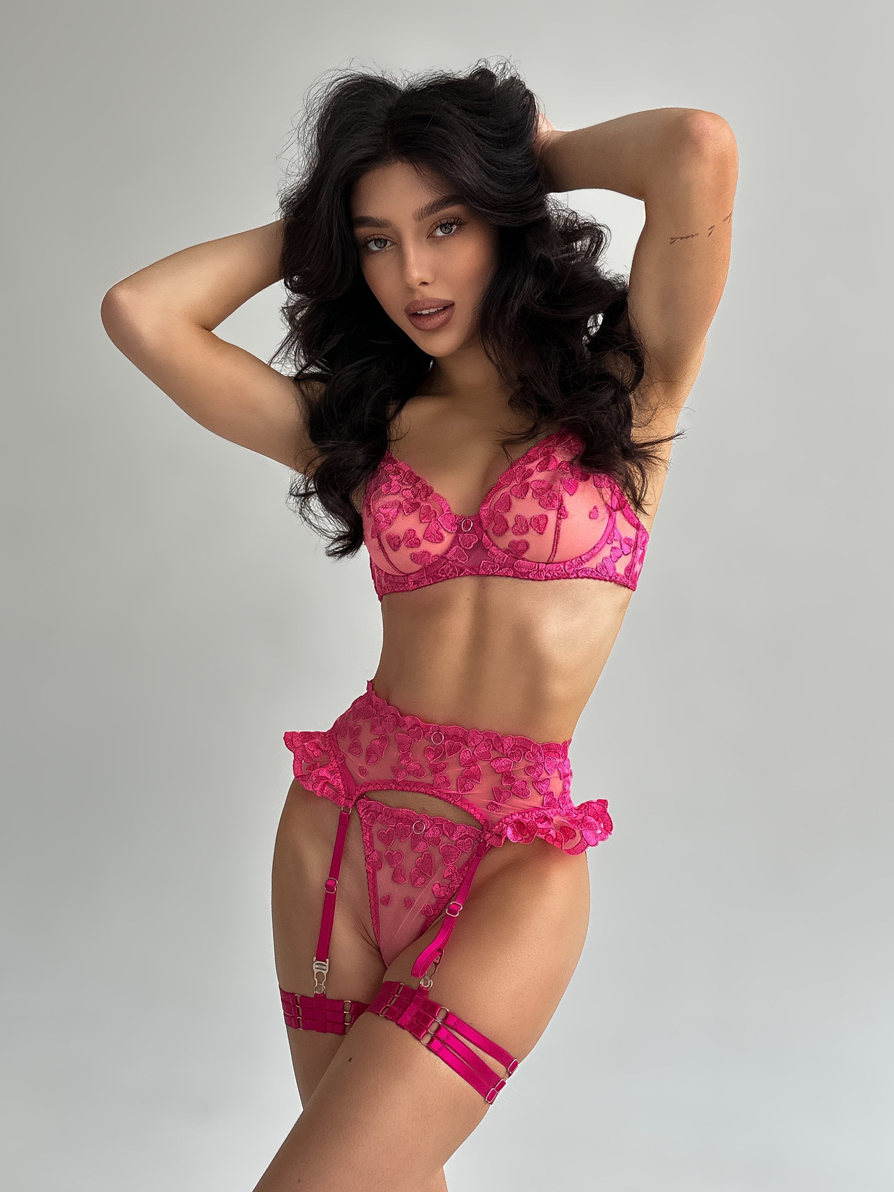 Raspberry 3 Piece Lingerie Set in Pink by MERIEL