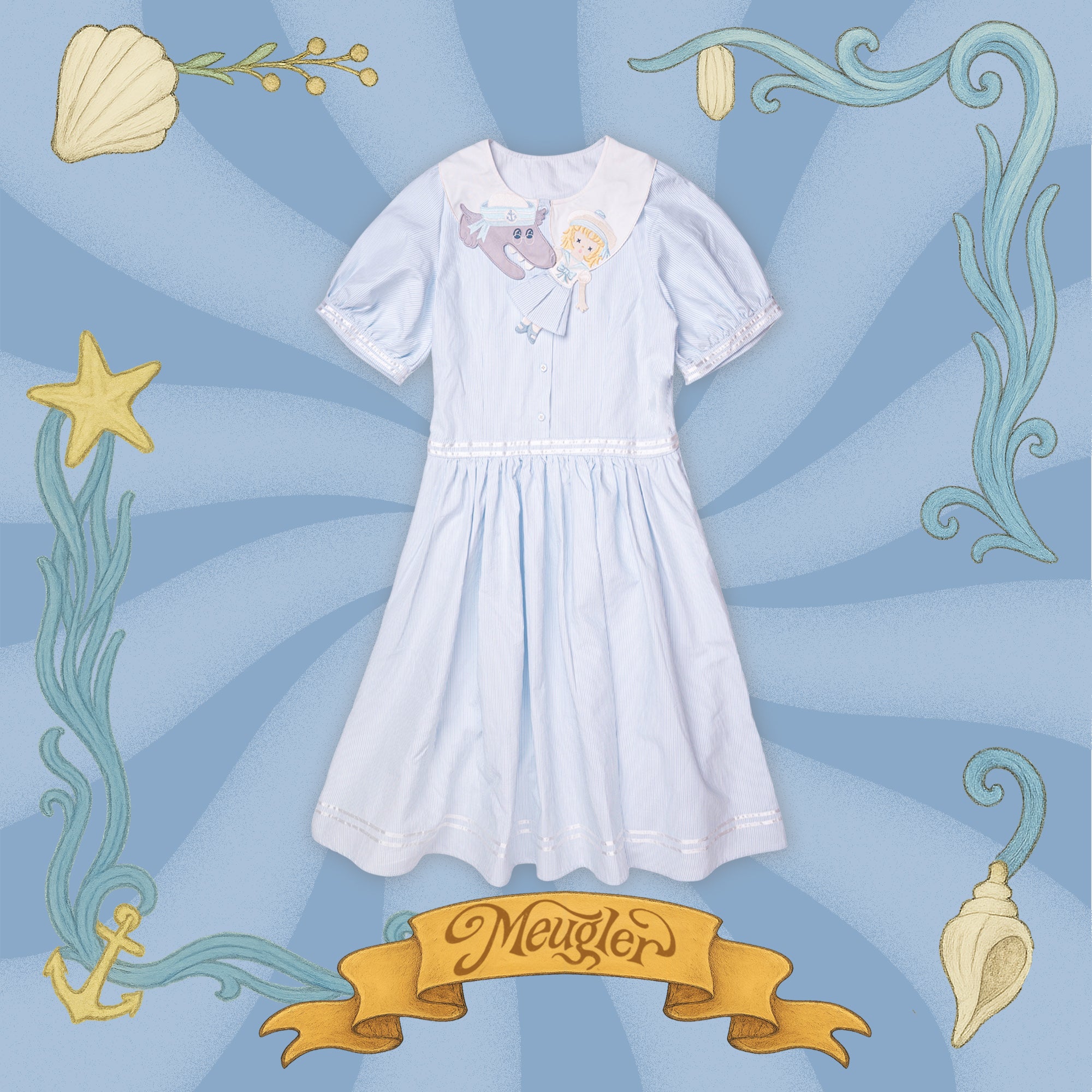Kawaii Dress Blue White Stripes Embroidery Sailor Collar - Meugler by Land Decora
