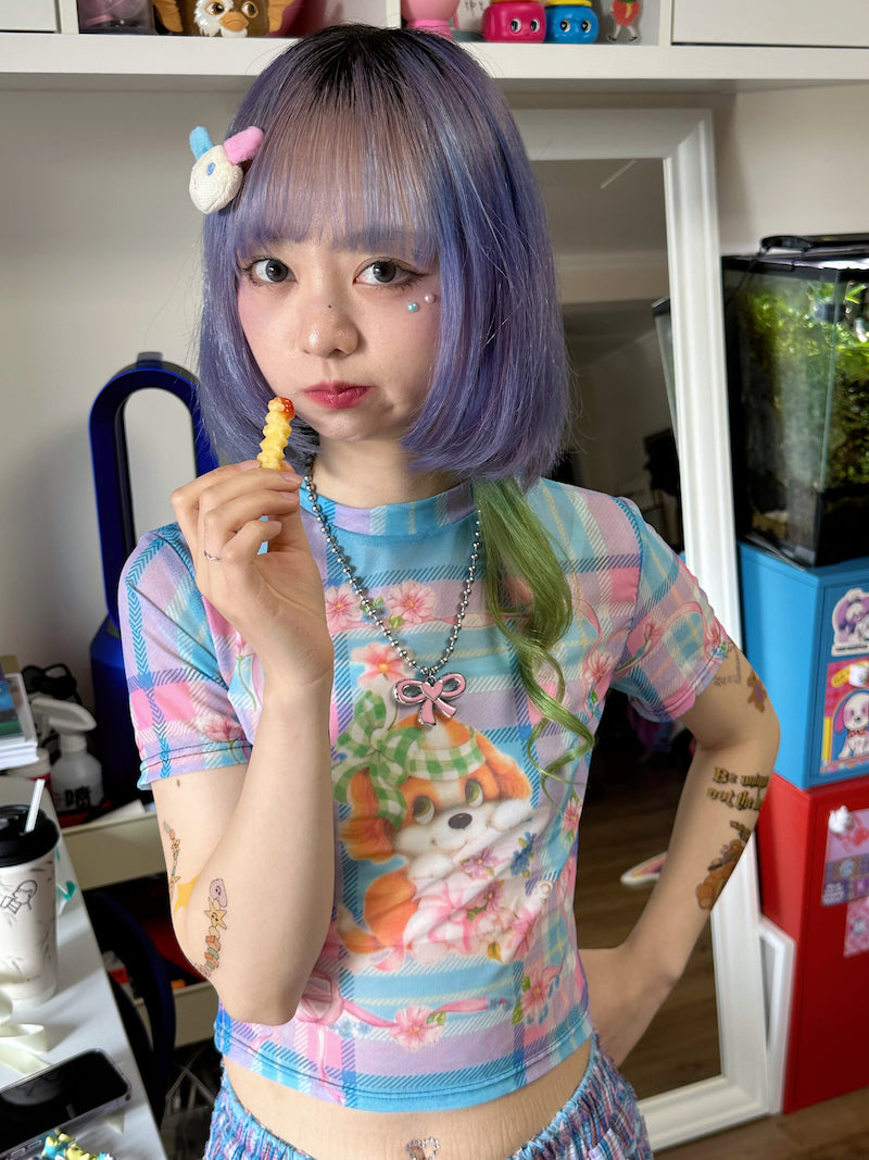 Decora Kei Mesh T-Shirt - Cute Print Loose Fit Sheer - bunnybunnygun by Land Decora