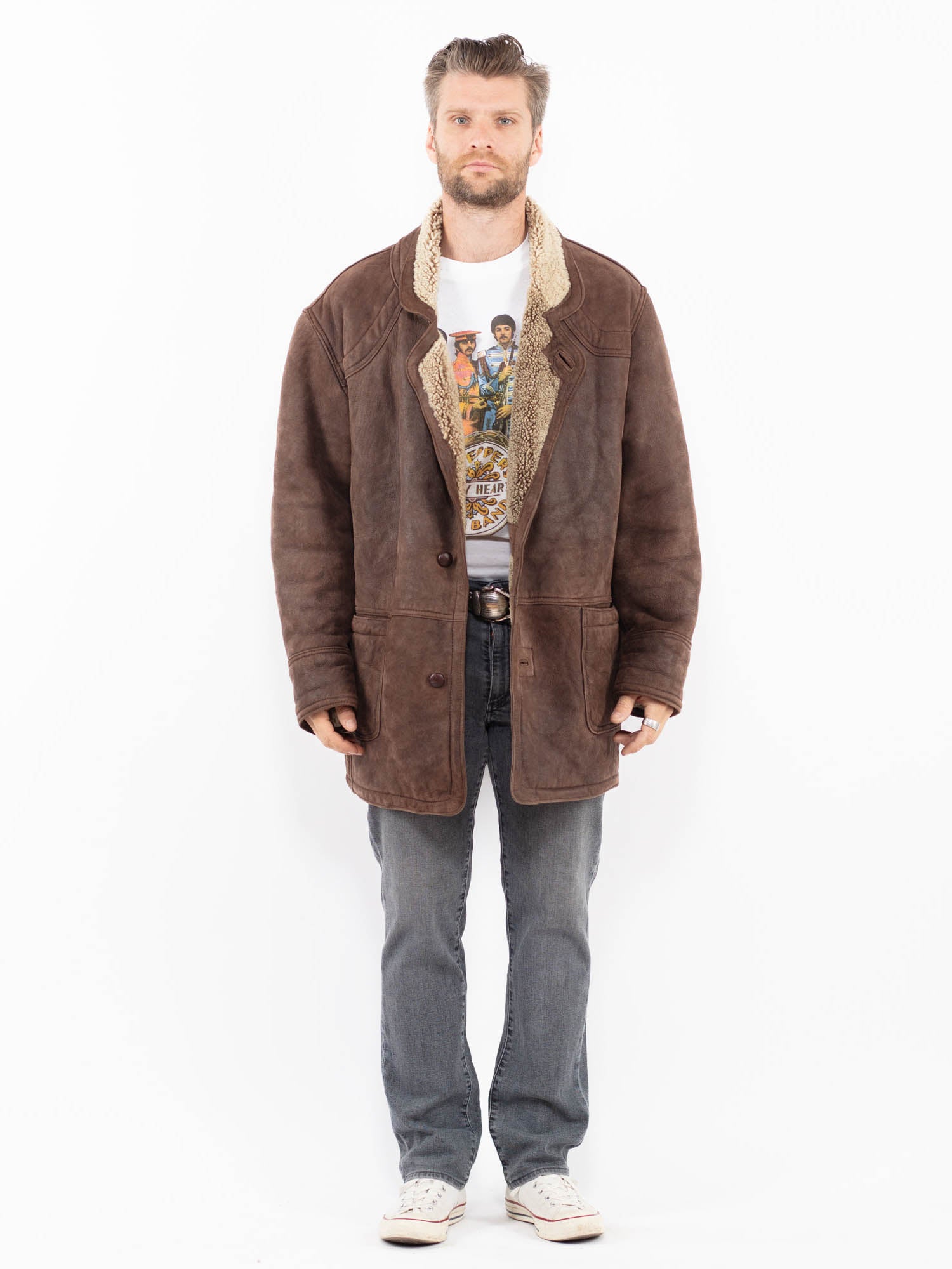 Vintage 90's Men Sheepskin Shearling Coat in Brown by Northern Grip