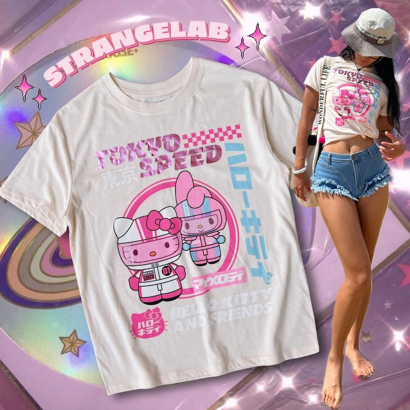 Strangelab – Y2K Holographic Kitty Tee in Sweet & Spicy Millennium Style by Land Decora