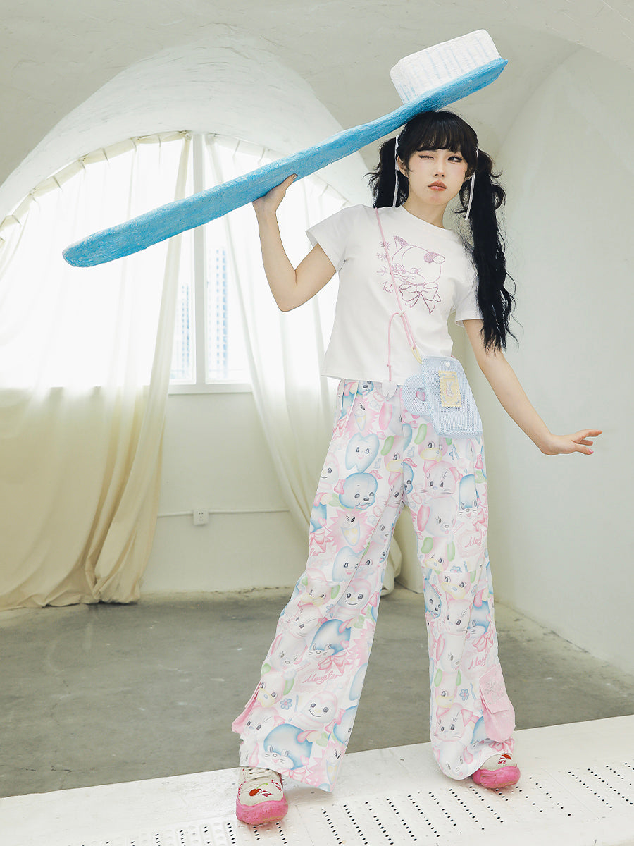 Meugler Pink Wide-Leg Pants with Glitter Bear Pocket by Land Decora