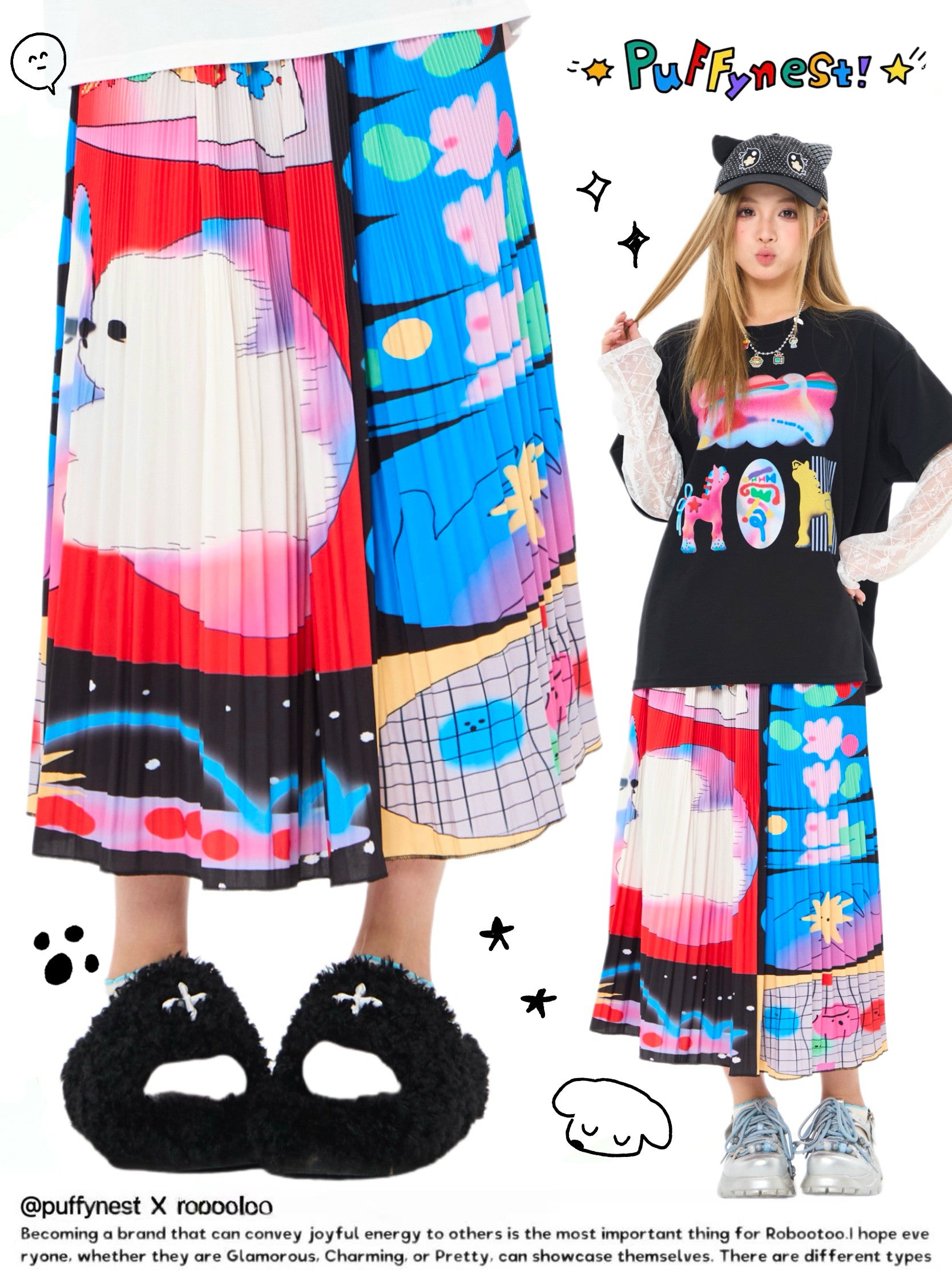 Bunny Print Pleated A-Line Skirt Y2K Kawaii - Robootoo by Land Decora
