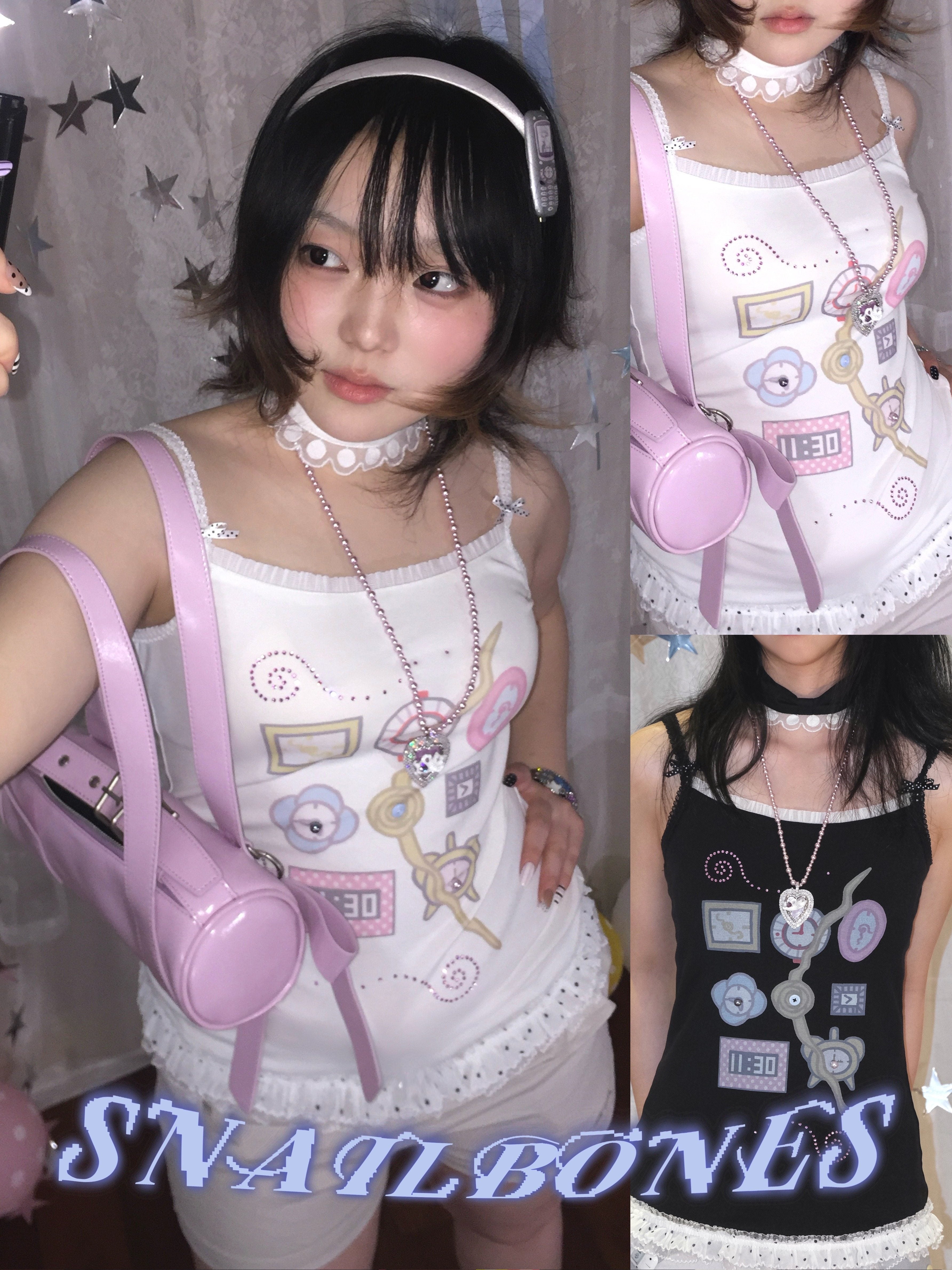 Kawaii Clock Print Bow Cami - Snail Bones by Land Decora