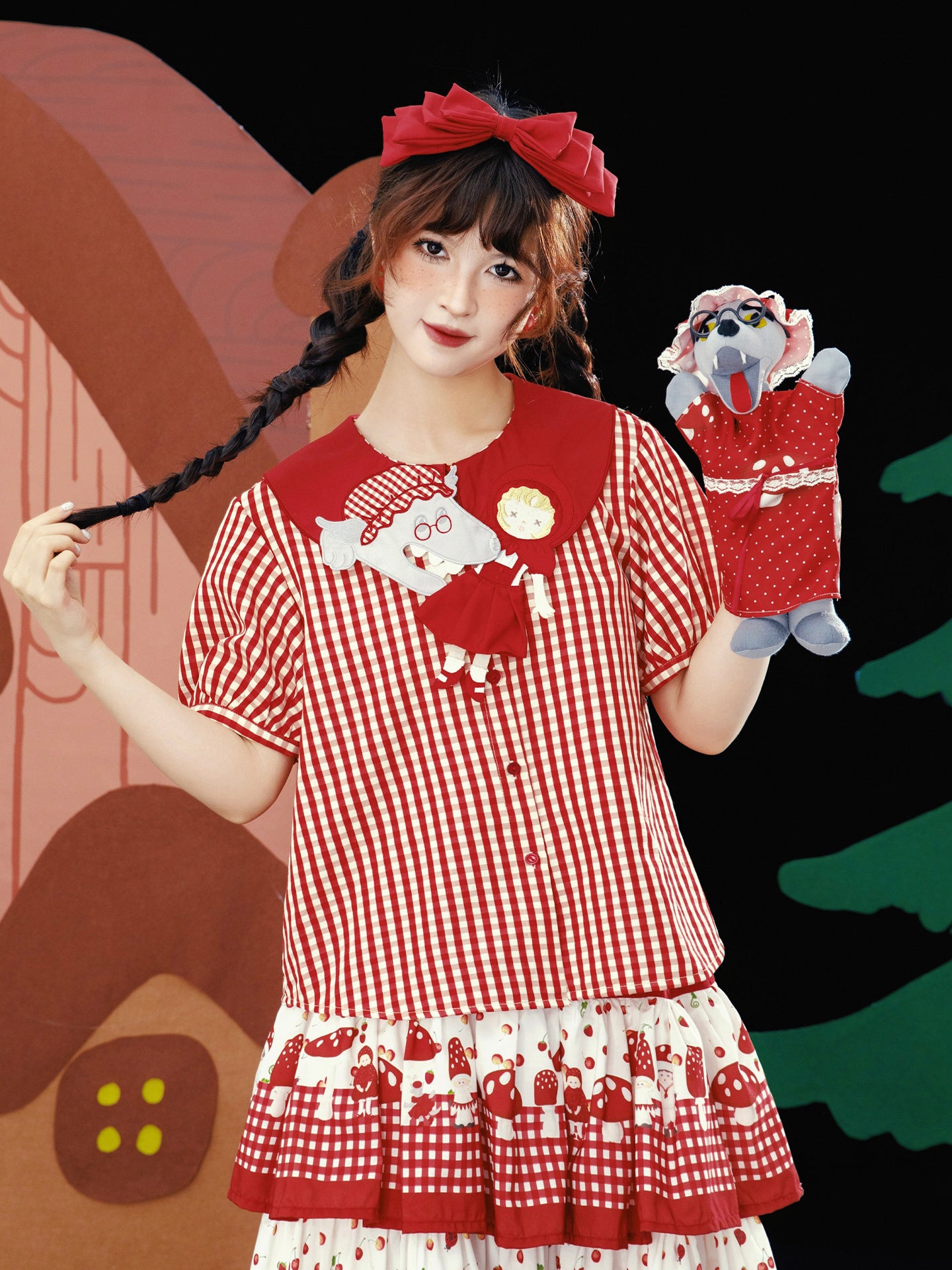 Meugler Kawaii Embroidered Collar Plaid Blouse – Fairy Tale Short Sleeve Top by Land Decora