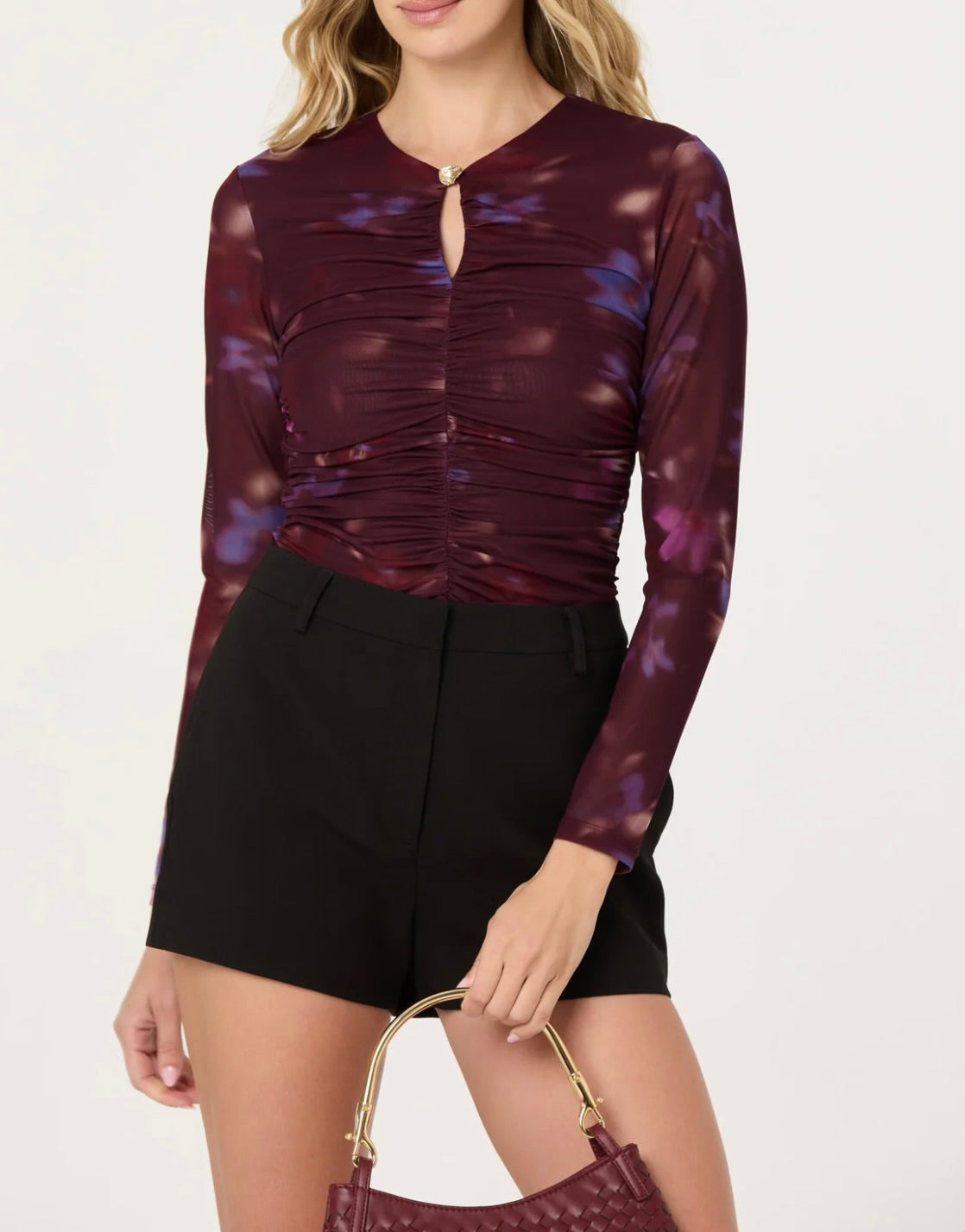 ASTR The Label Yasmine Floral Mesh Ruched Top in Dark Plum Multi by Sierra Deene