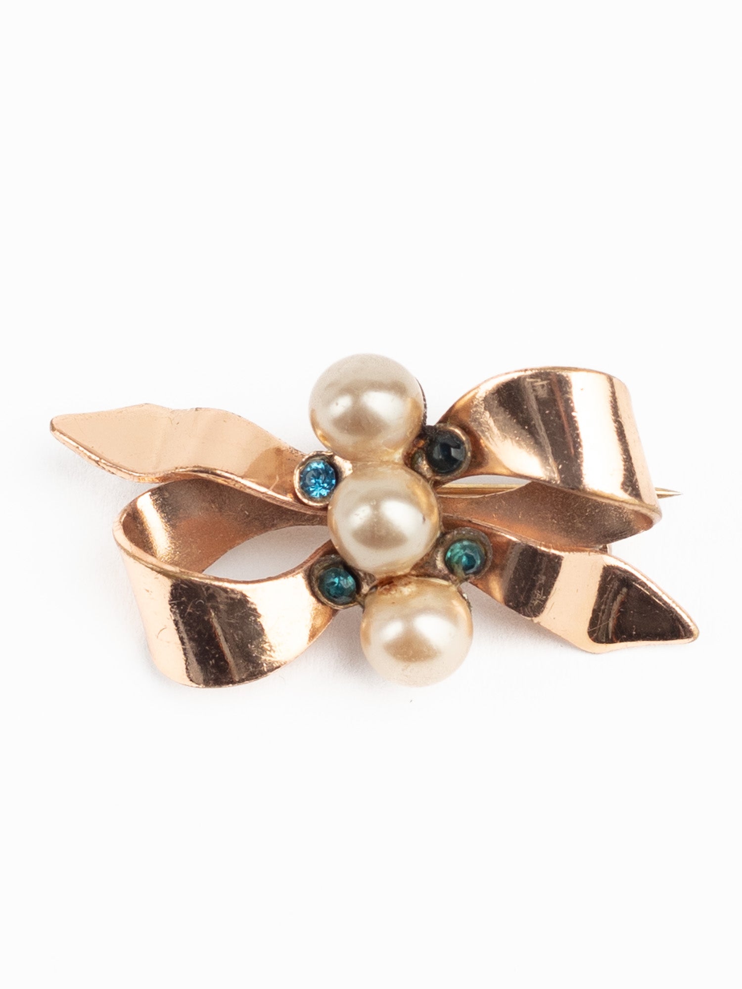 Vintage 50's Gold Tone Ribbon Bow Brooch with Faux Pearls Brooch by Northern Grip