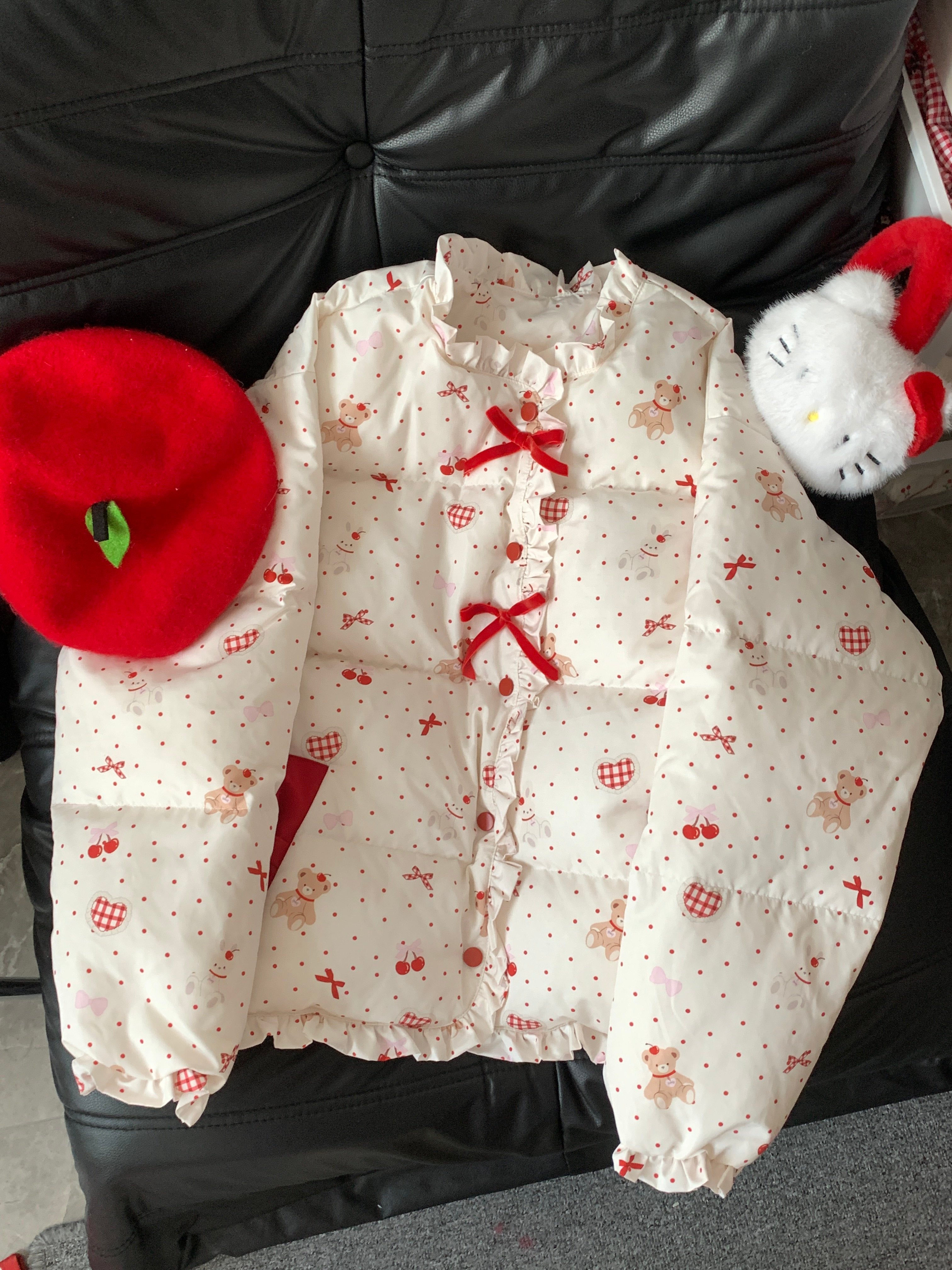 Sweet Bow Print Puffer Jacket - Blurred Bear by Land Decora