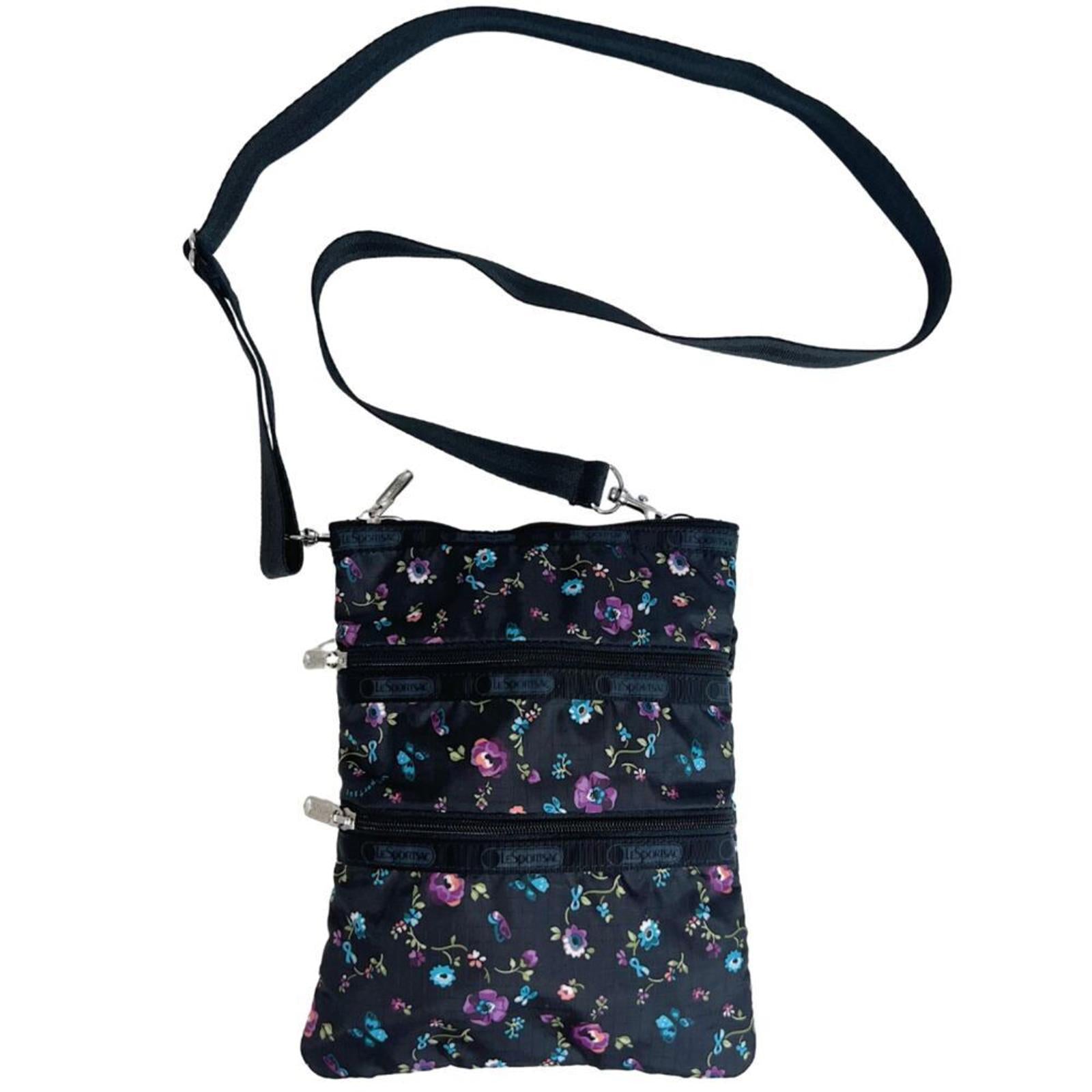 LeSportSac Black Purple and Blue Flowers Nylon Crossbody Bag Purse by Hot Girl Secondhand