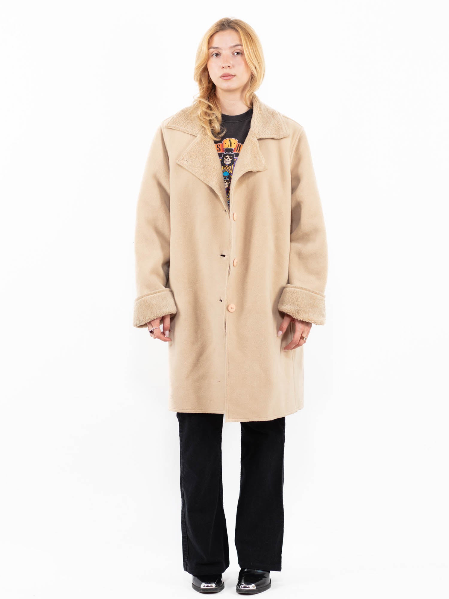Vintage 00's Women Faux Sheepskin Fleece Coat in Beige by Northern Grip