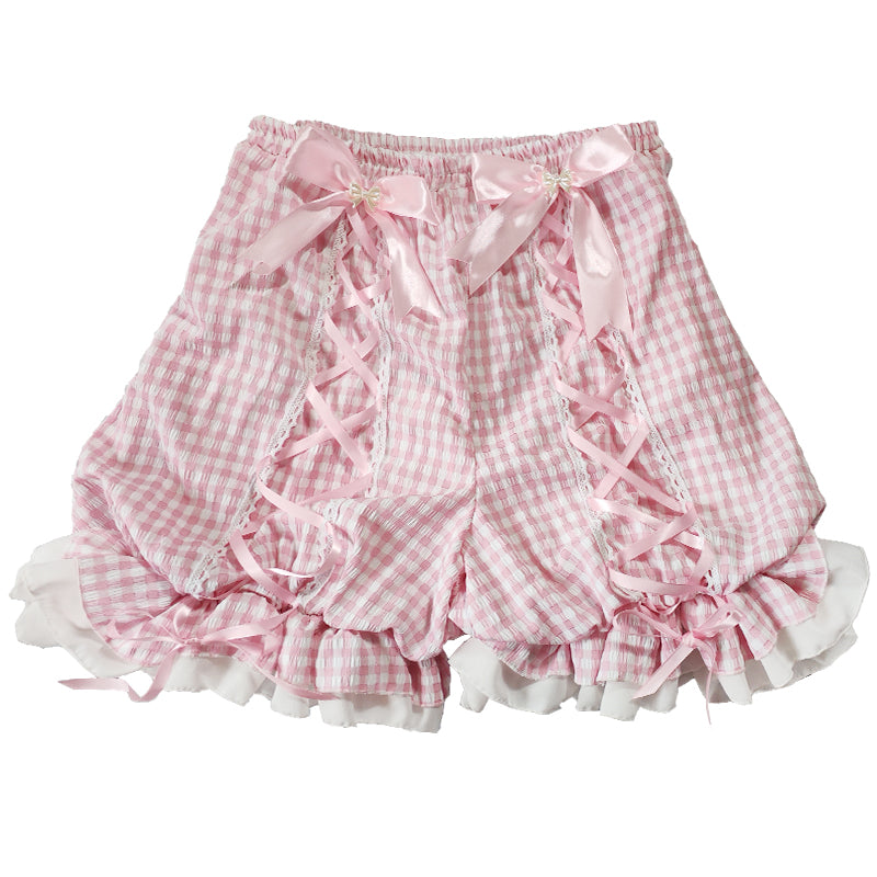 Kawaii Pink Plaid Pumpkin Pants Lace Bow Cross Strap Chiffon - Roro Dream by Land Decora