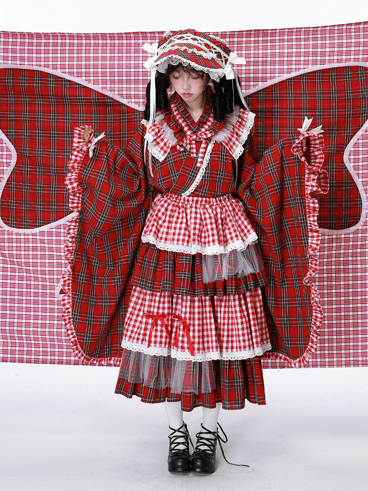 SOS MEME CLUB Red Plaid Modified Kimono Skirt – Showa Retro Kawaii Style by Land Decora