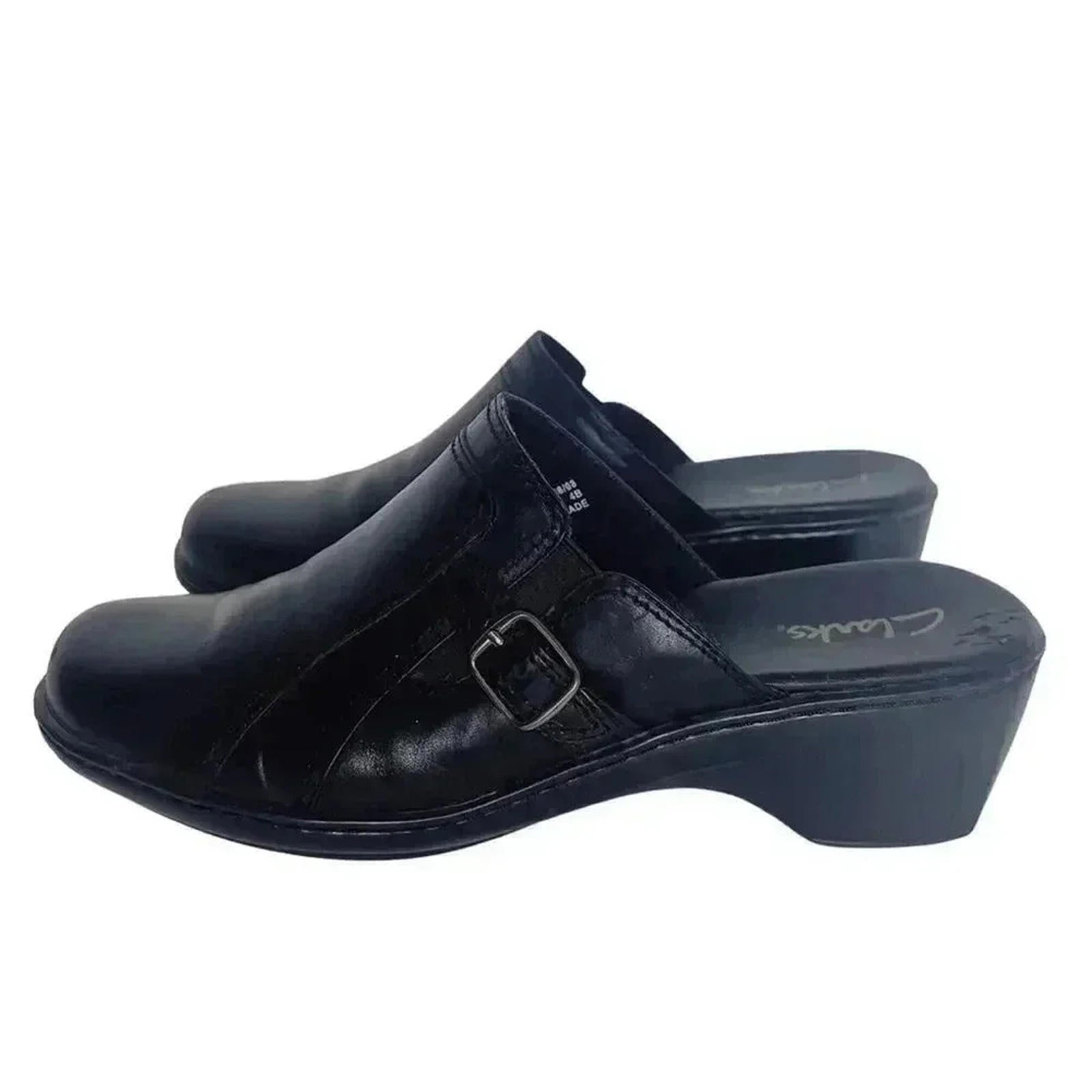 Clarks Black Leather Heeled Mules Clogs Silver Buckle Women's Size 9 by Hot Girl Secondhand