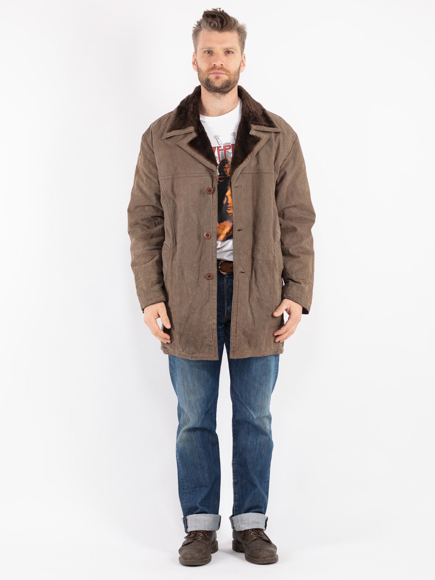 Vintage 90's Men Suede Sherpa Coat in Beige by Northern Grip