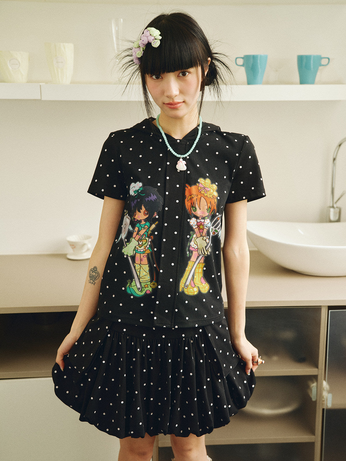 Polka Dot Zip Hoodie Tee - Have a Meal by Land Decora
