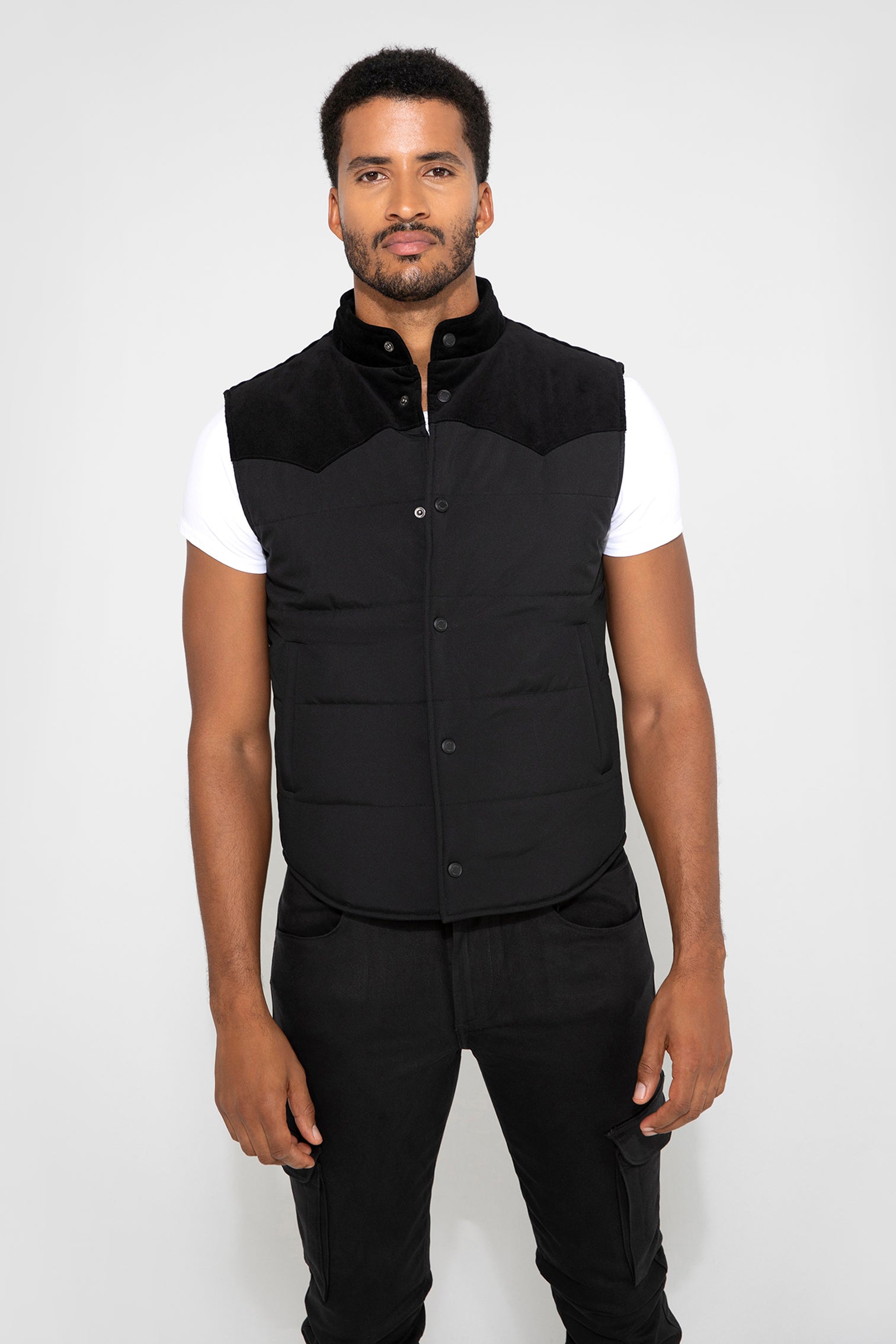 Wayne Vest Needle Cord Noir Stretch Puffer Vest by MONFRERE