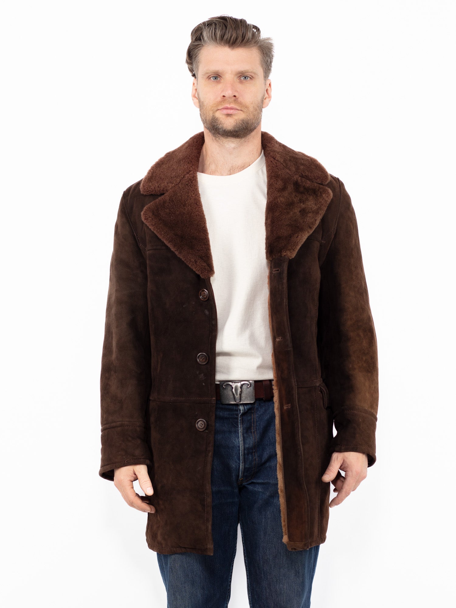 Vintage 70's Men Sheepskin Coat in Brown by Northern Grip