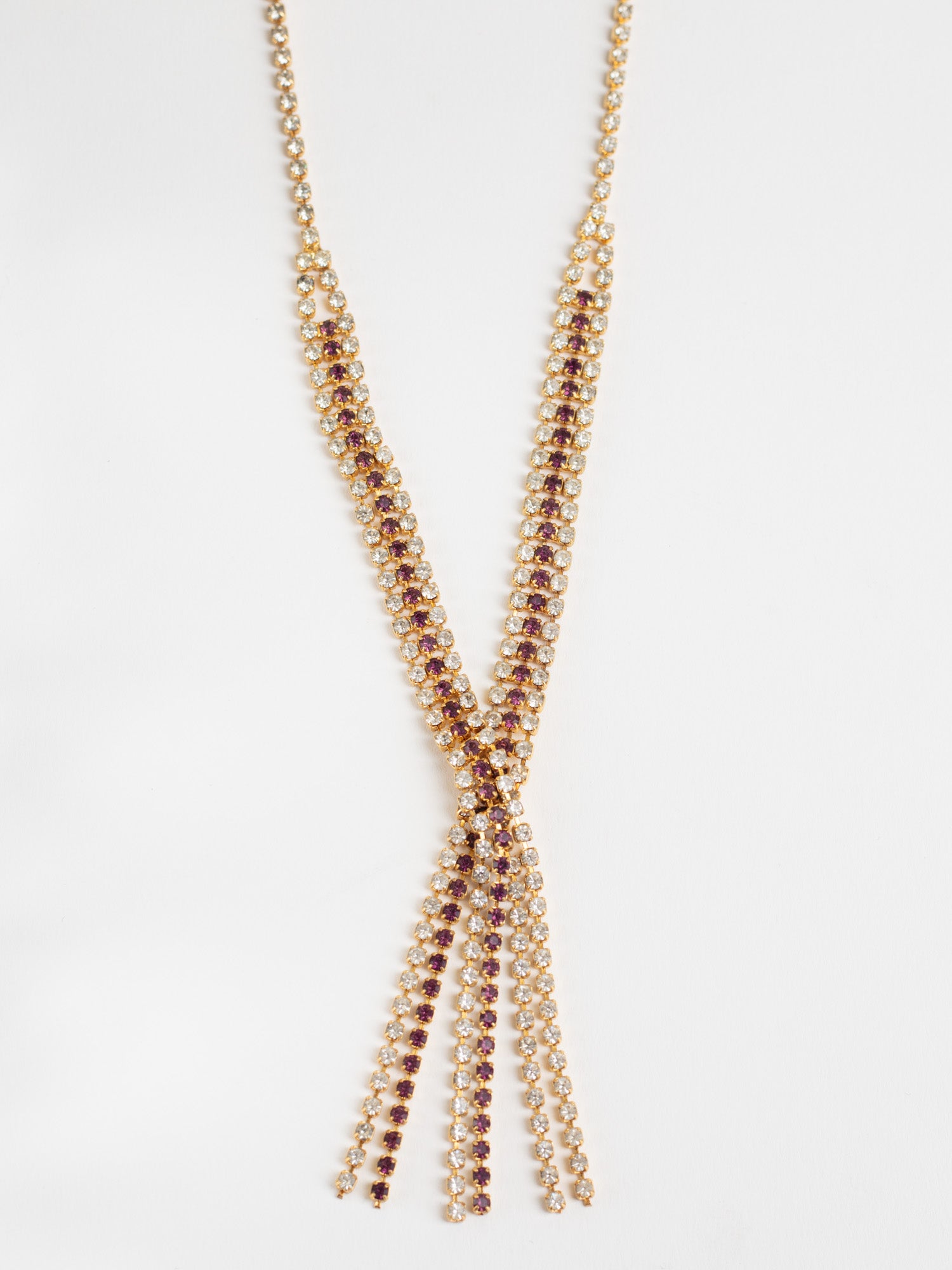 Vintage 80s Gold-Tone Crystal Y Necklace with Purple and Clear Rhinestones by Northern Grip