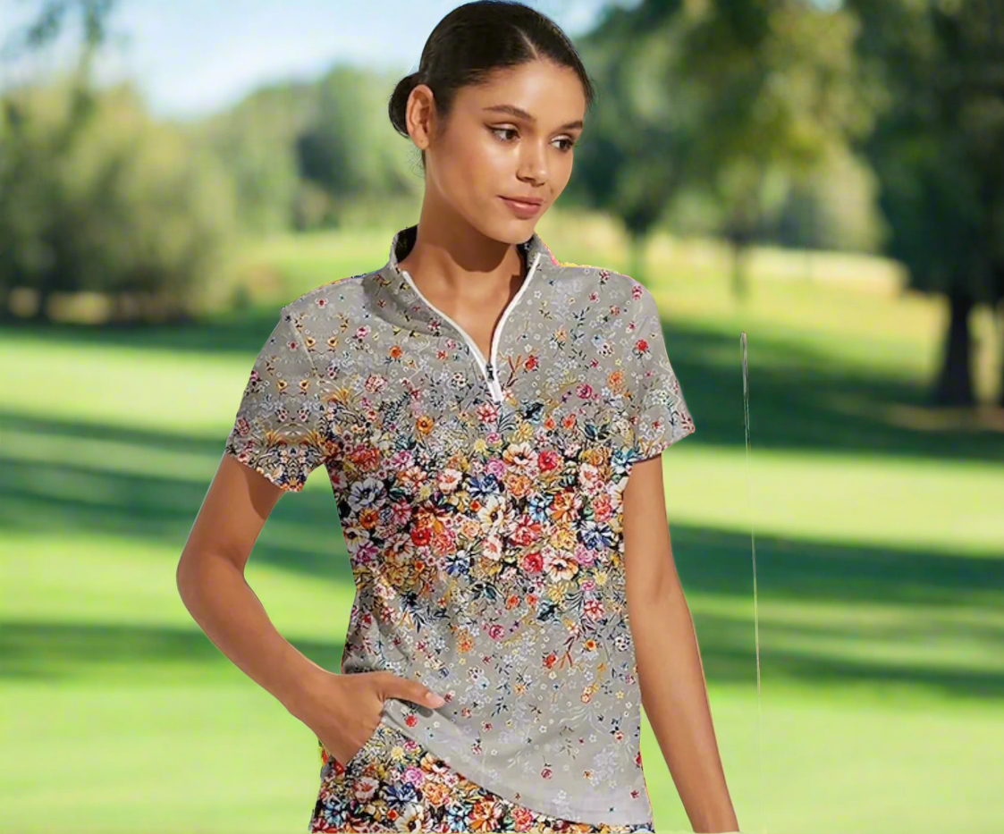 Grey Bouquet Short Sleeve Polo by Putter Girl