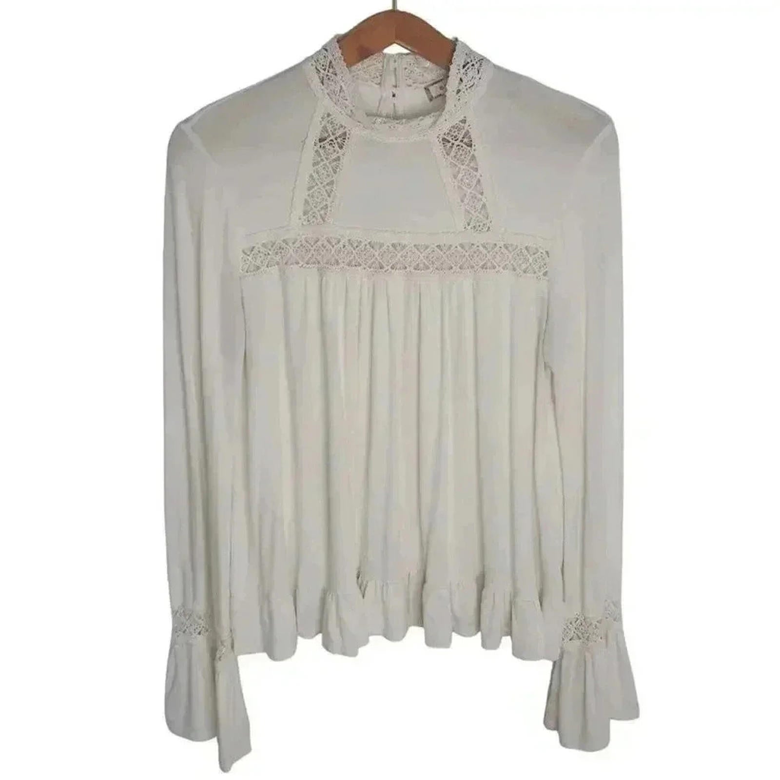 Eri + Ali White High Neck Flowy Peasant Blouse Lace Cottagecore Coquet by Hot Girl Secondhand