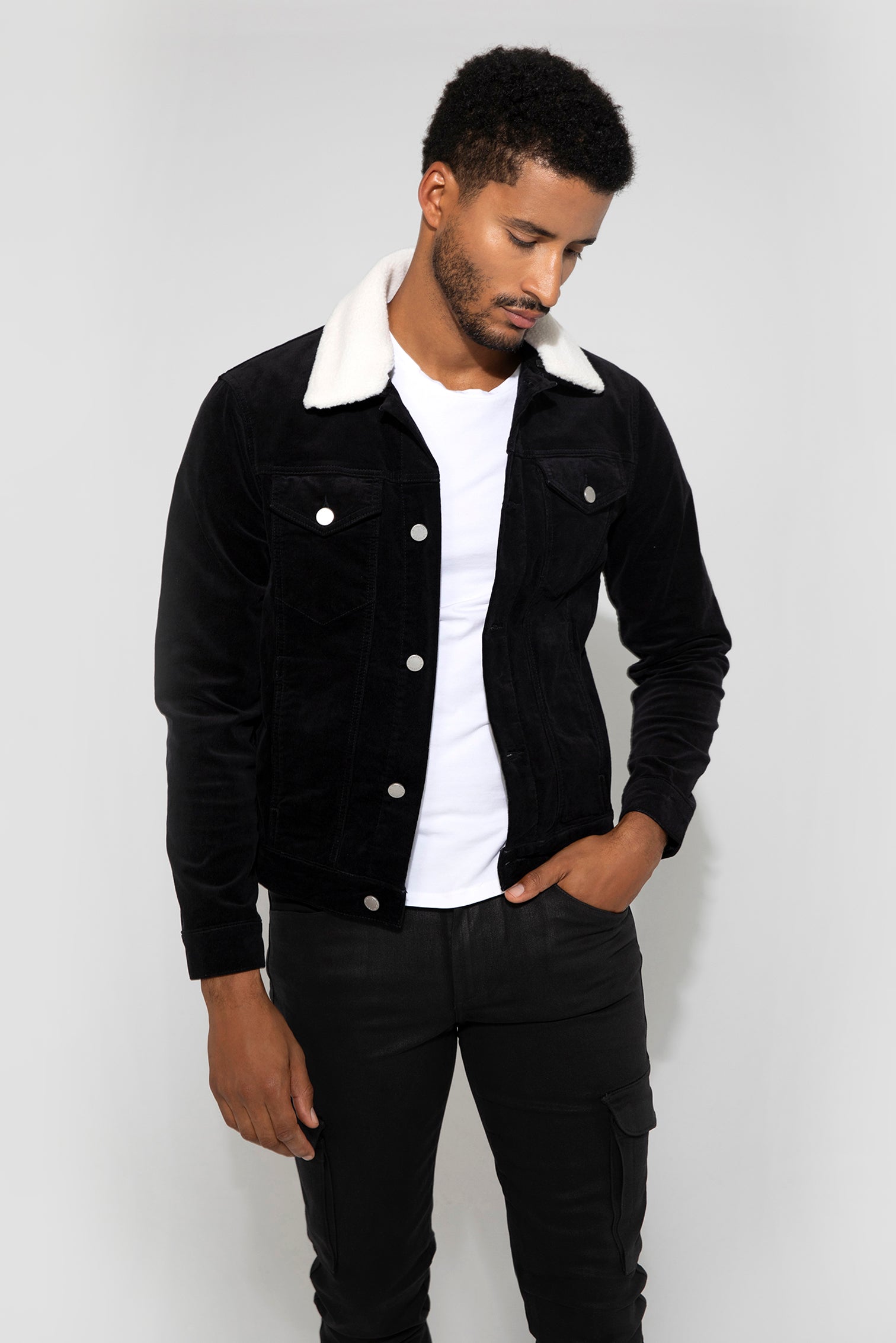 Dean Needle Cord Noir Sherpa Stretch Trucker Jacket by MONFRERE