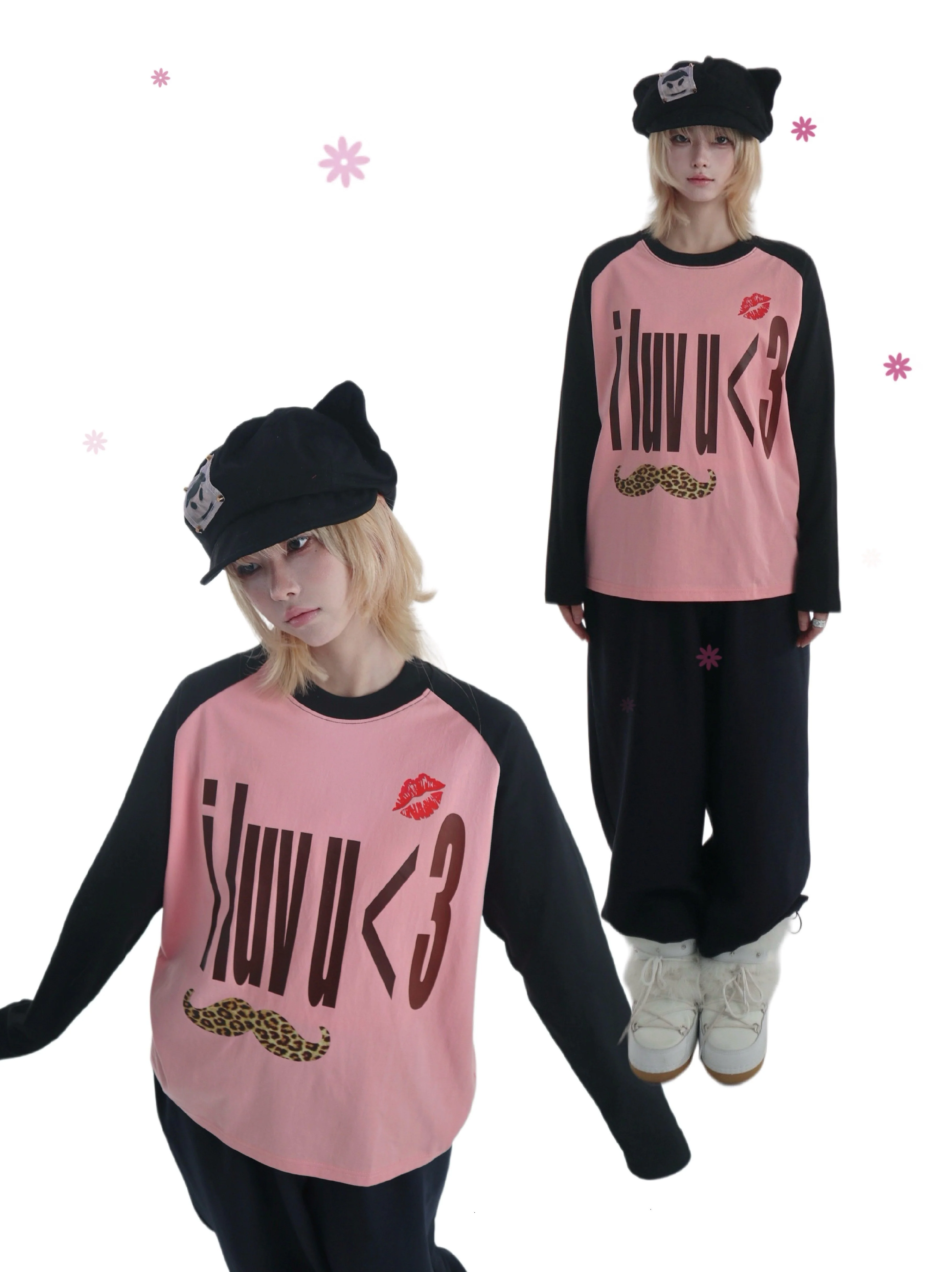 Y2K Leopard Letter Raglan Long Sleeve Tee - bae bi by Land Decora