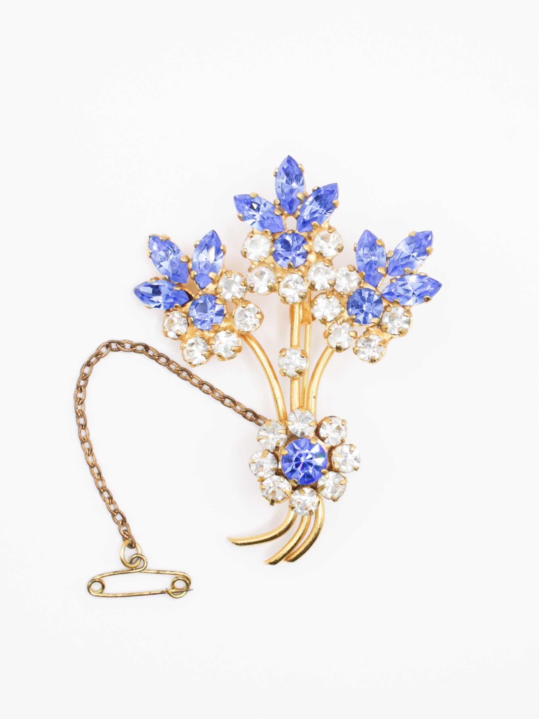 Vintage Blue Rhinestone Floral Bouquet Brooch With Safety Chain by Northern Grip