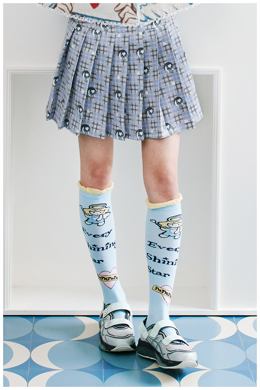tntntutu Blue-Grey Pleated Skirt | Anime Eyes Plaid Mini Skirt by Land Decora