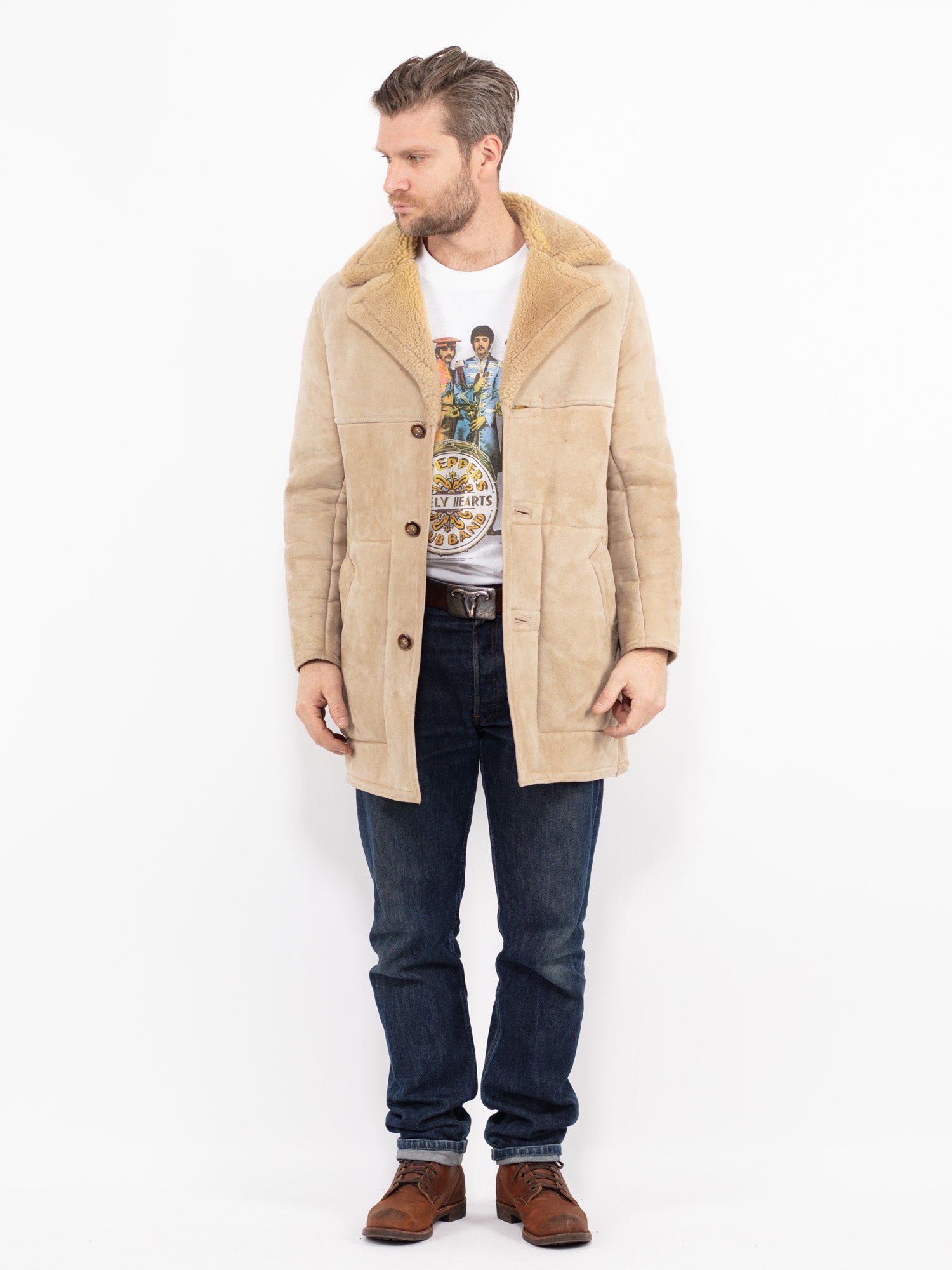 Vintage 70's Men Sheepskin Coat in Beige by Northern Grip