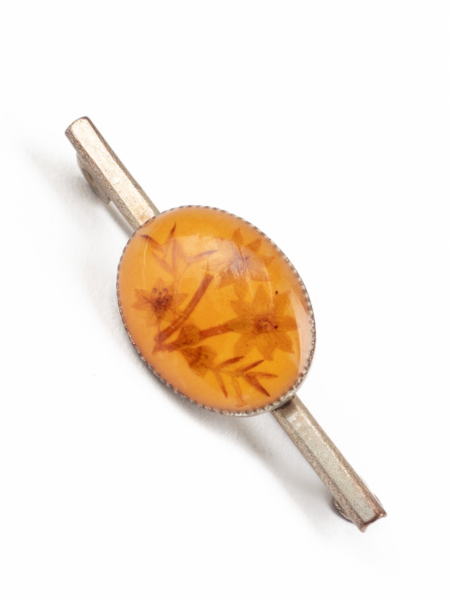 Vintage 50s Amber Lucite Bar Brooch with Pressed Flower Design by Northern Grip