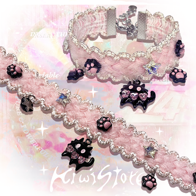 Y2K Black Cat Pink Heart Fuzzy Choker | E-Girl Jewelry | Kiwi Store by Land Decora