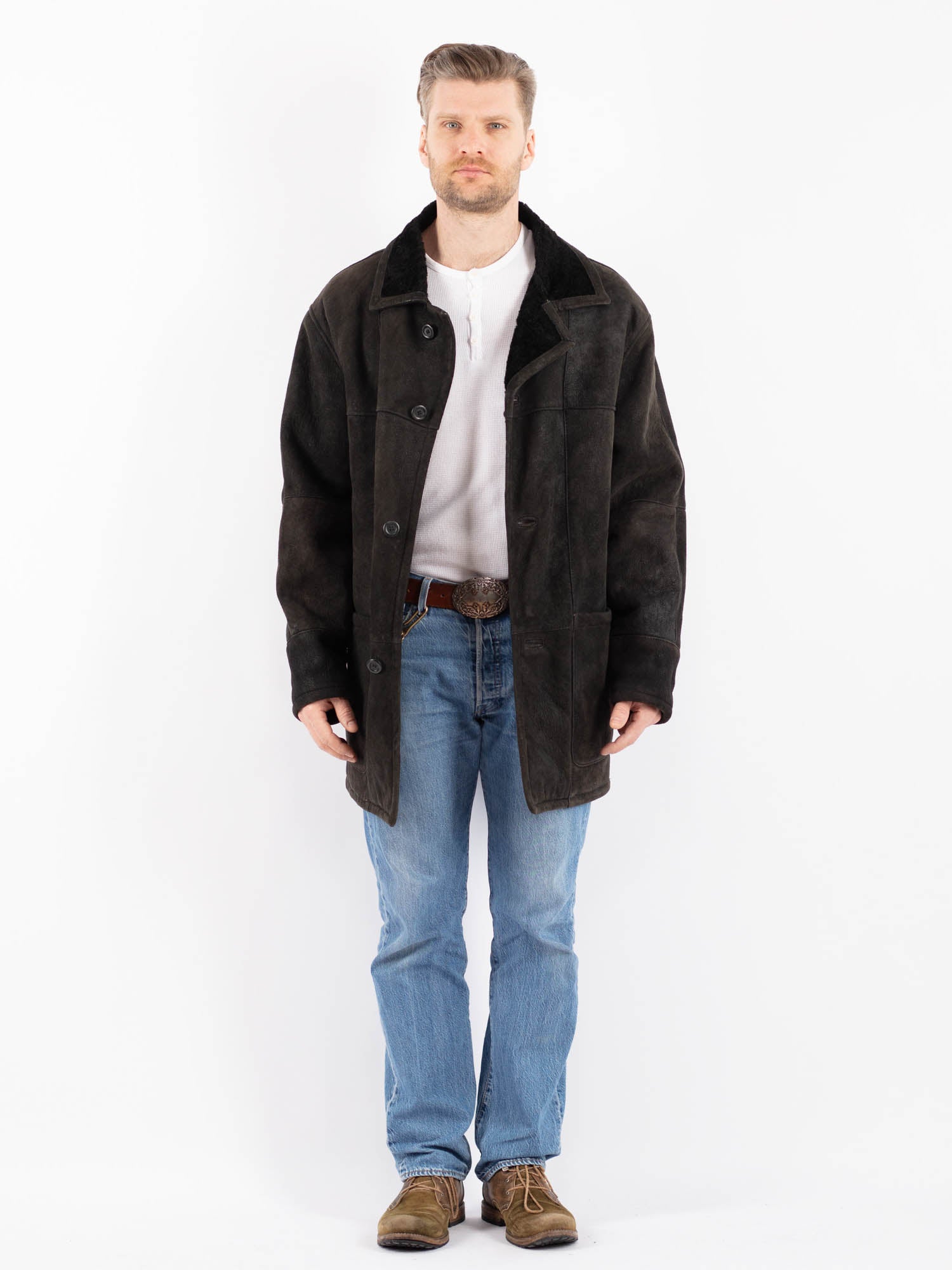 Vintage 80's Men Sheepskin Coat in Black by Northern Grip