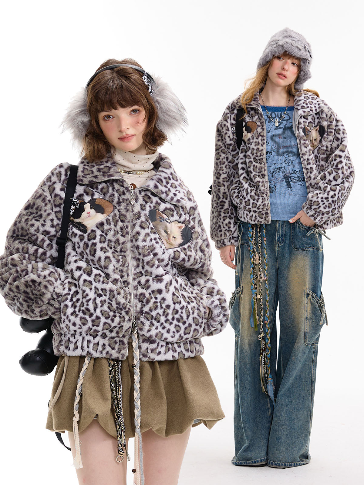 Girly Kei Leopard Cat Fleece Jacket - ziziFei by Land Decora