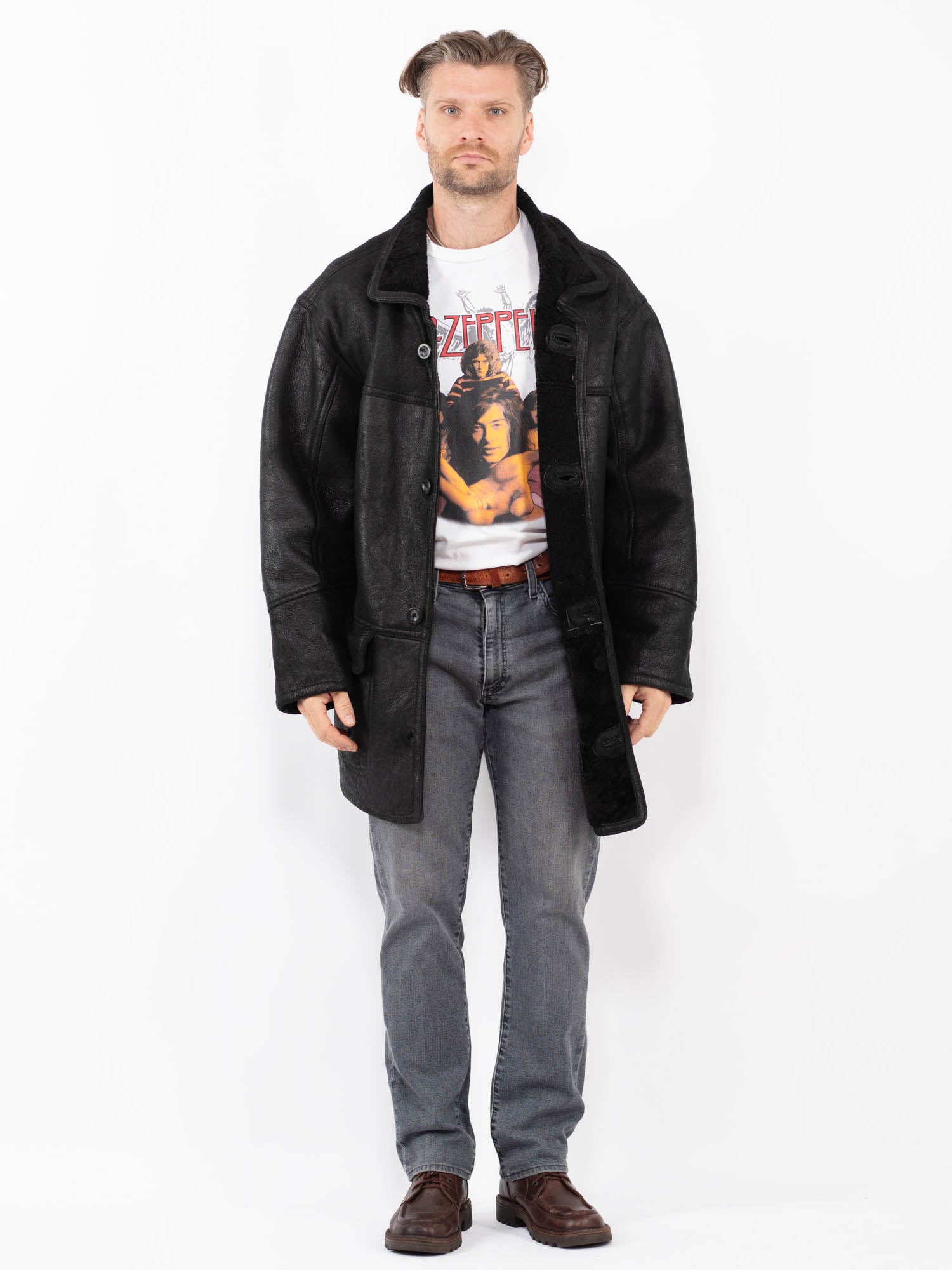 Vintage 90's Men Sheepskin Coat in Black by Northern Grip