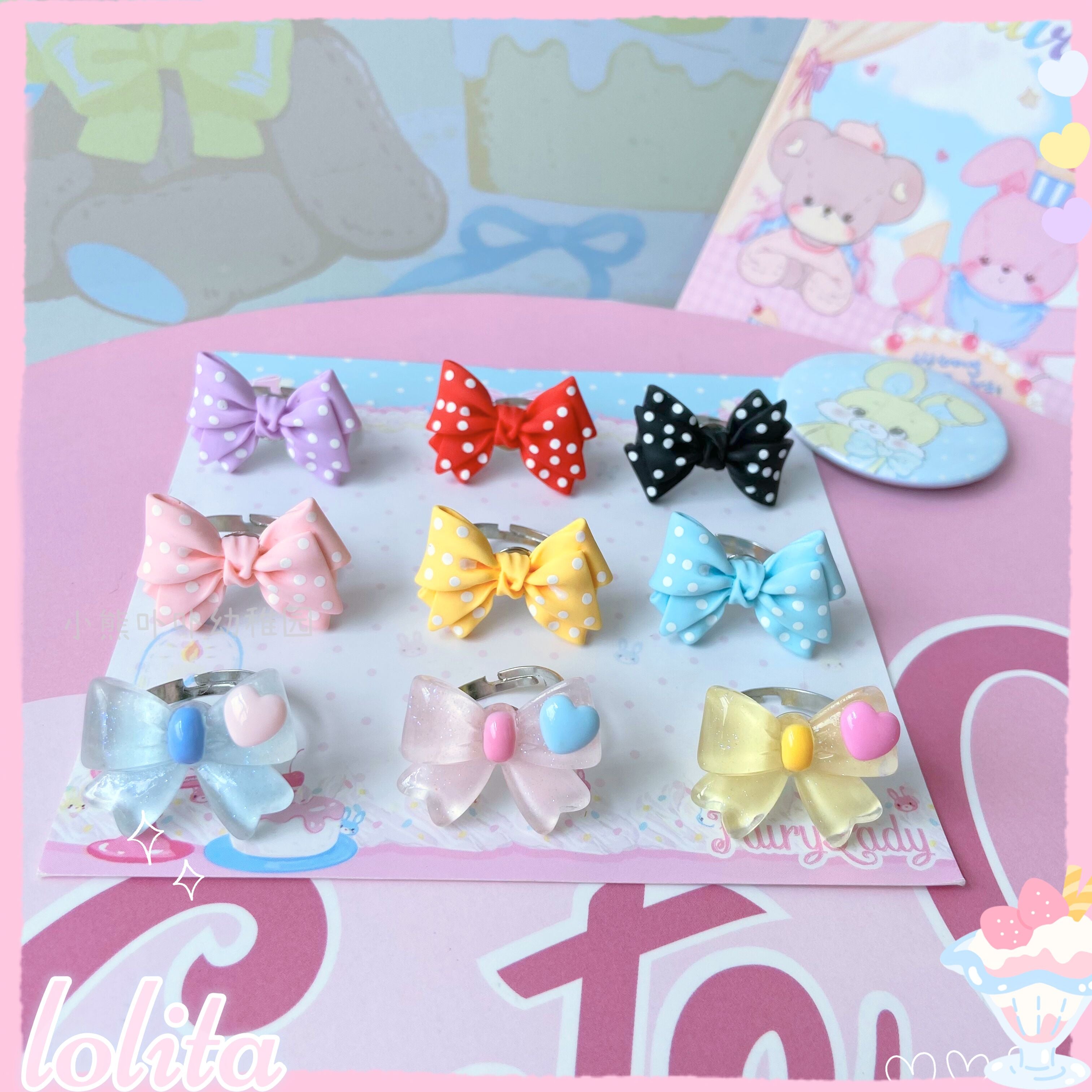 Decora Kei Bow Ring - Adjustable Plastic Metal - Bear Doll by Land Decora