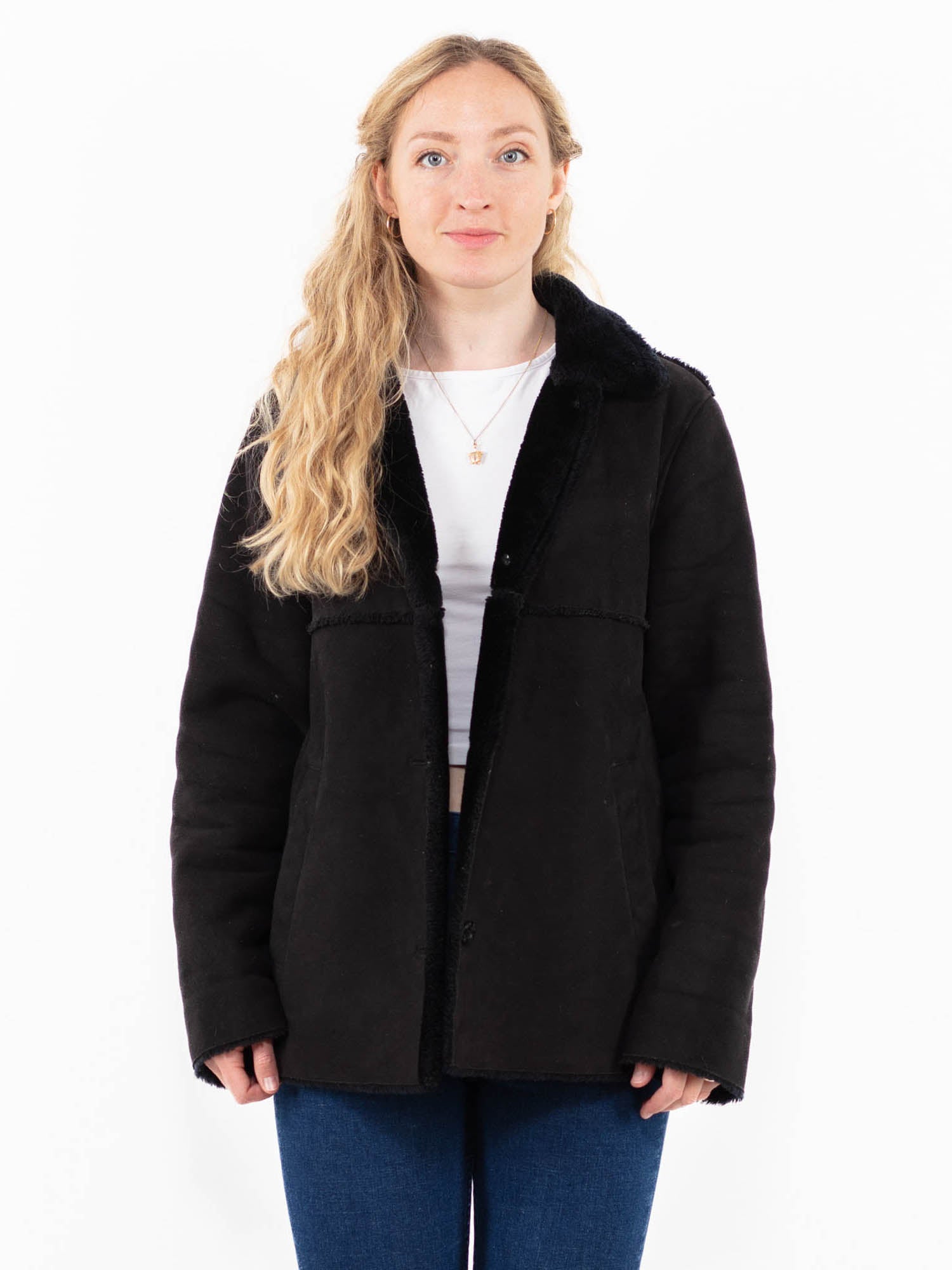 Vintage 90's Women Faux Sheepskin Jacket in Black by Northern Grip